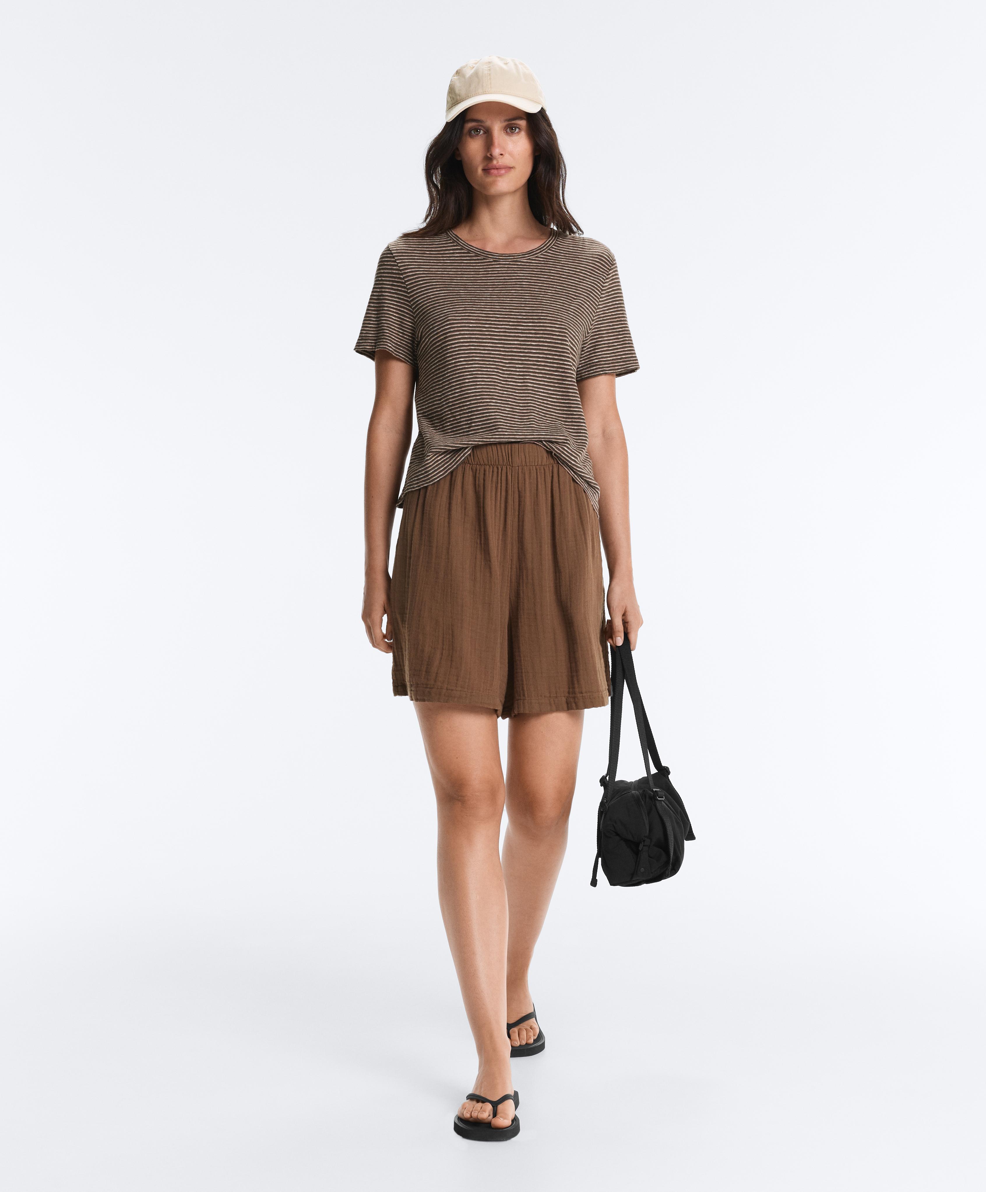 Slim-fit striped cotton and linen T-shirt — CHOCOLATE