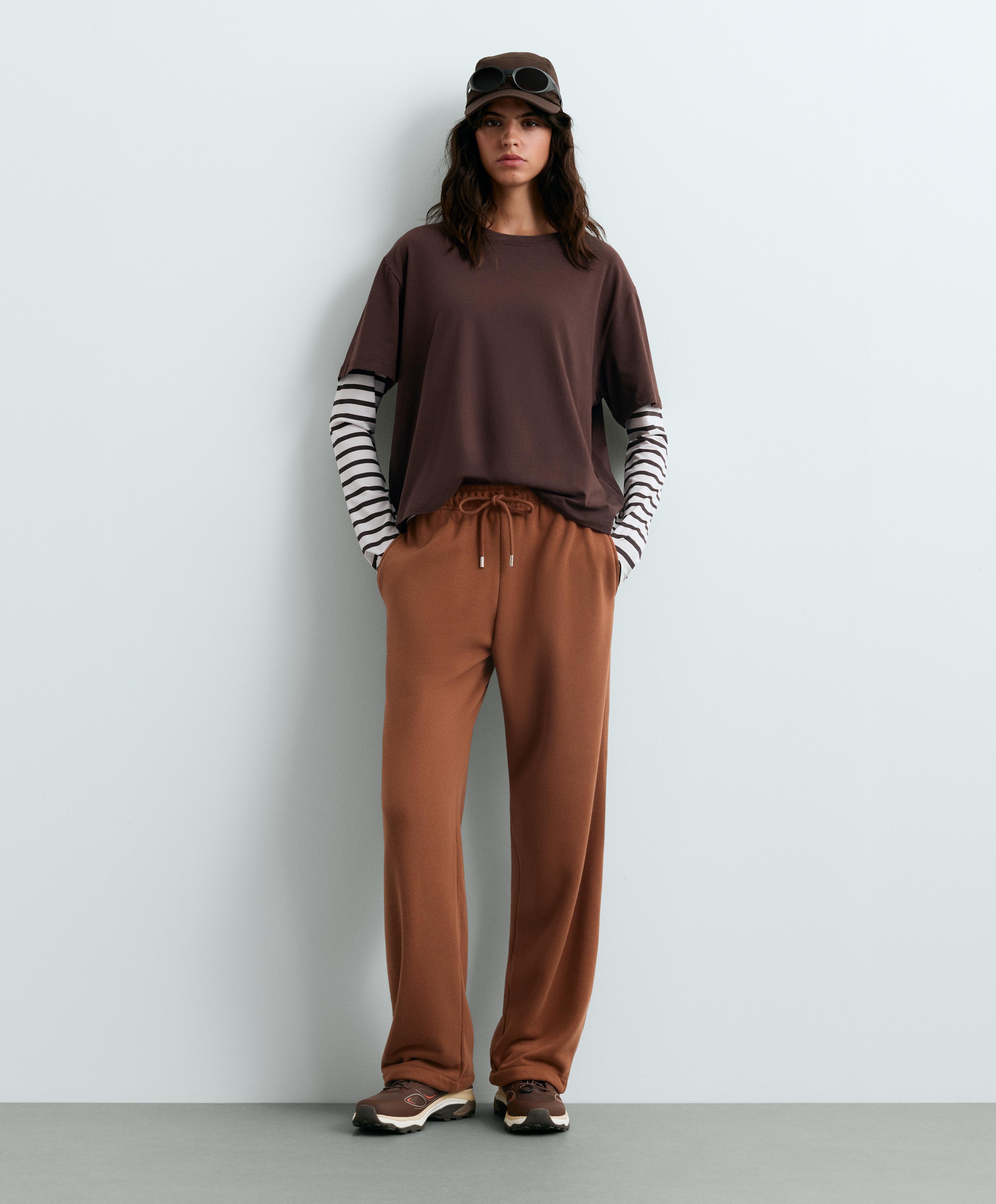 Cotton blend fleece straight-leg trousers — DARK CAMEL