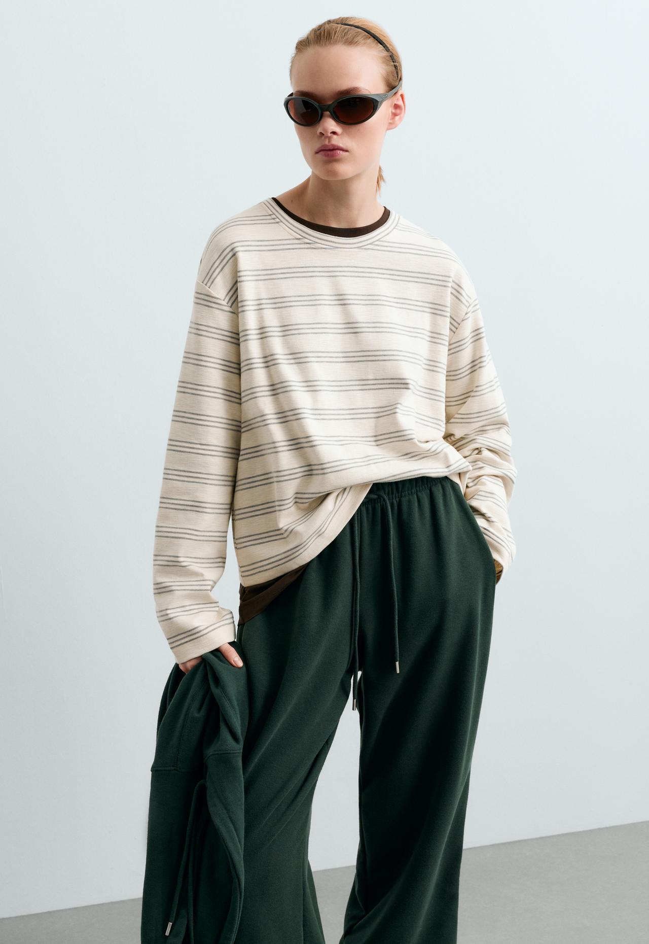 Rustic striped relaxed long-sleeved T-shirt — PALE ECRU