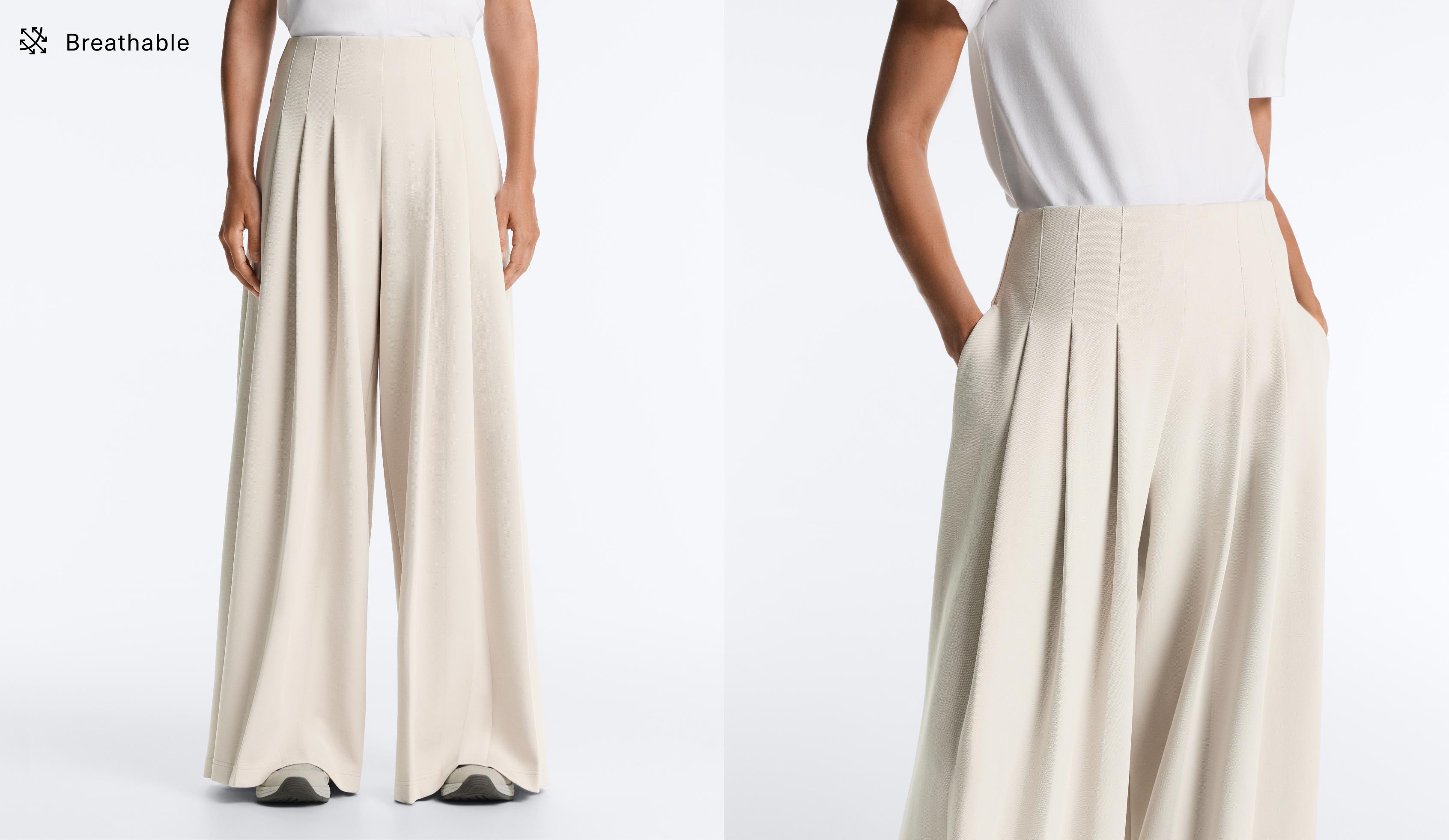 Cotton wide-leg pique trousers with pleats — PALE MINK