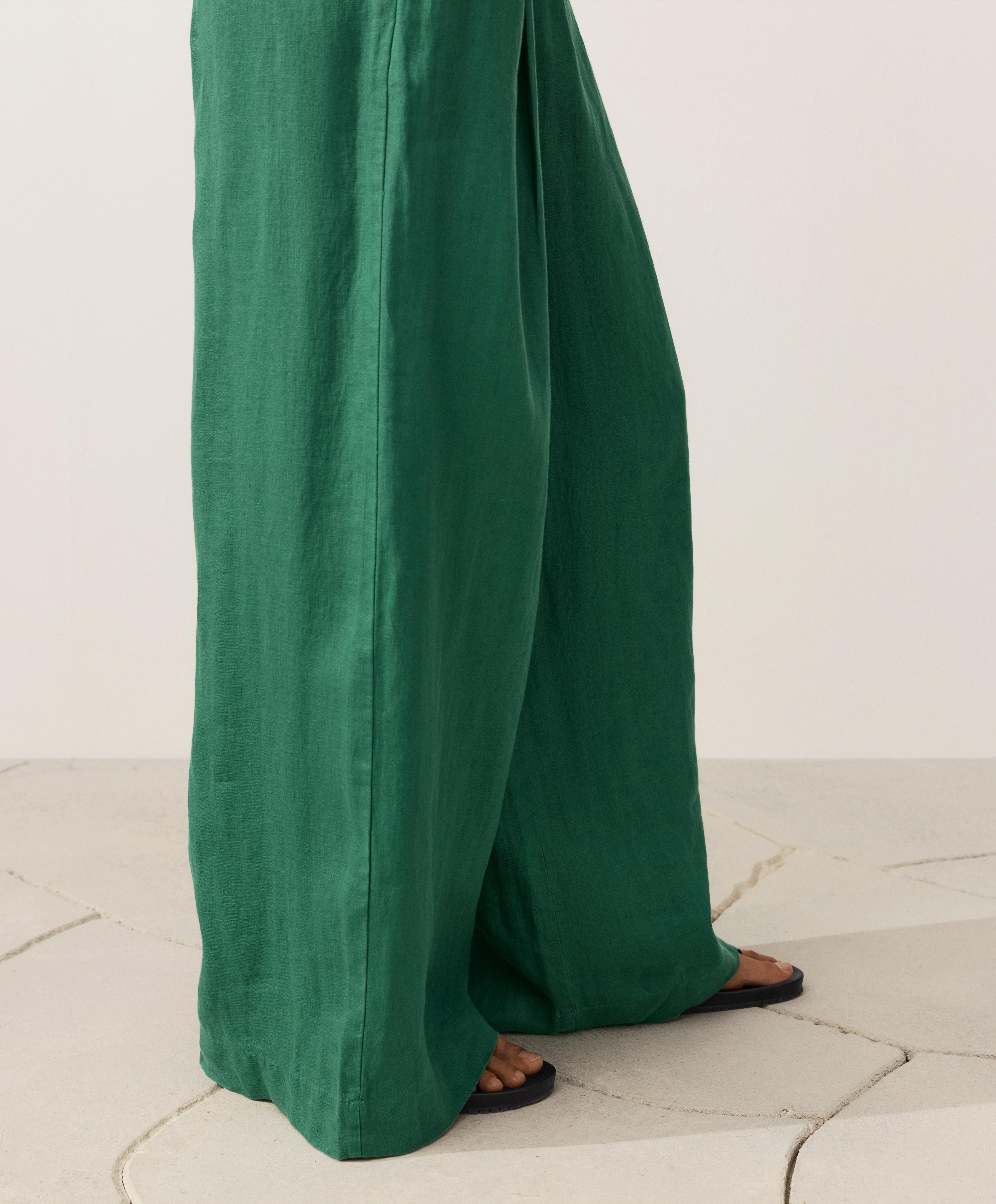 100% linen wide-leg trousers — EMERALD GREEN
