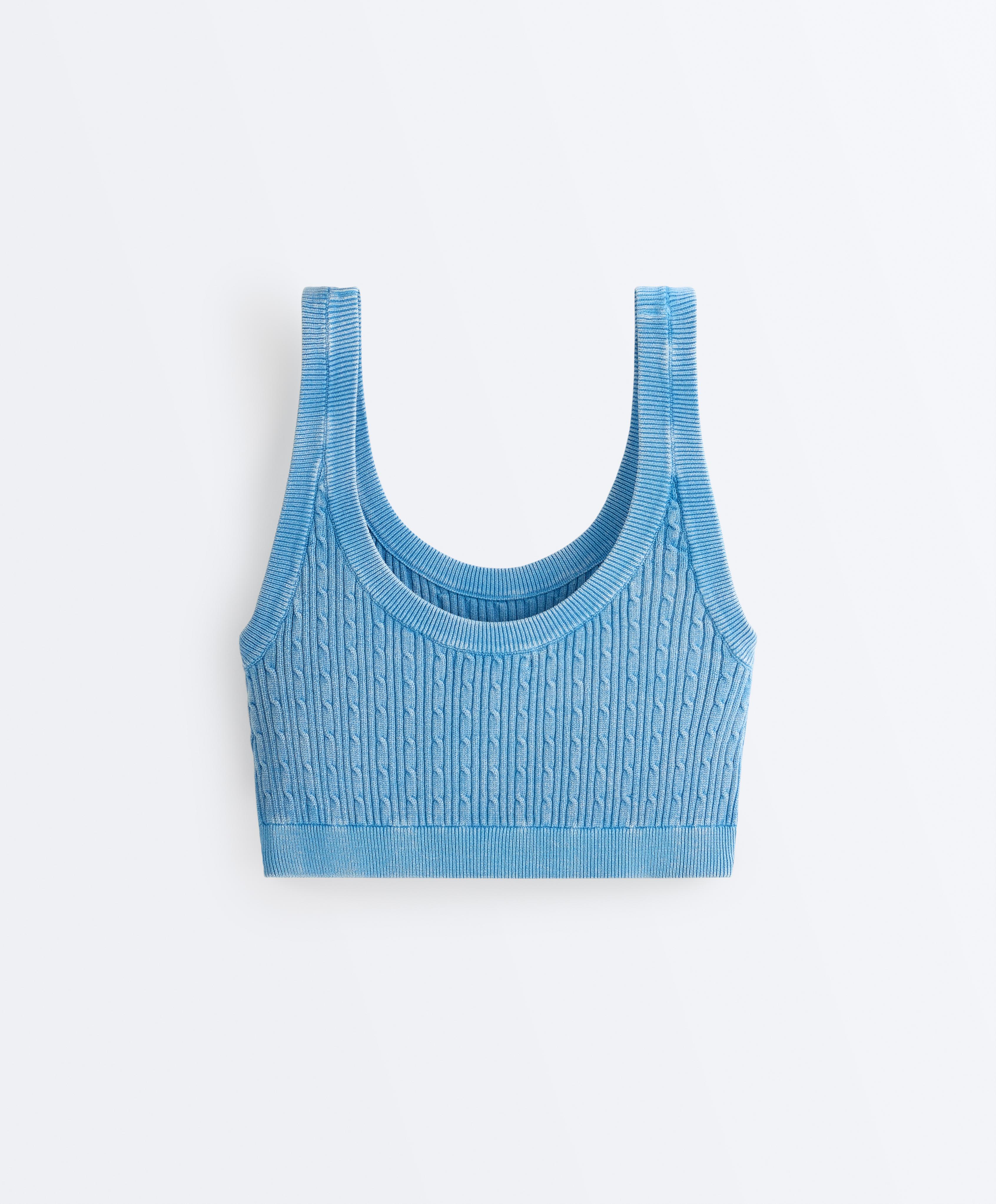 Washed knit crop cable strap T-shirt — WASHED SKY BLUE