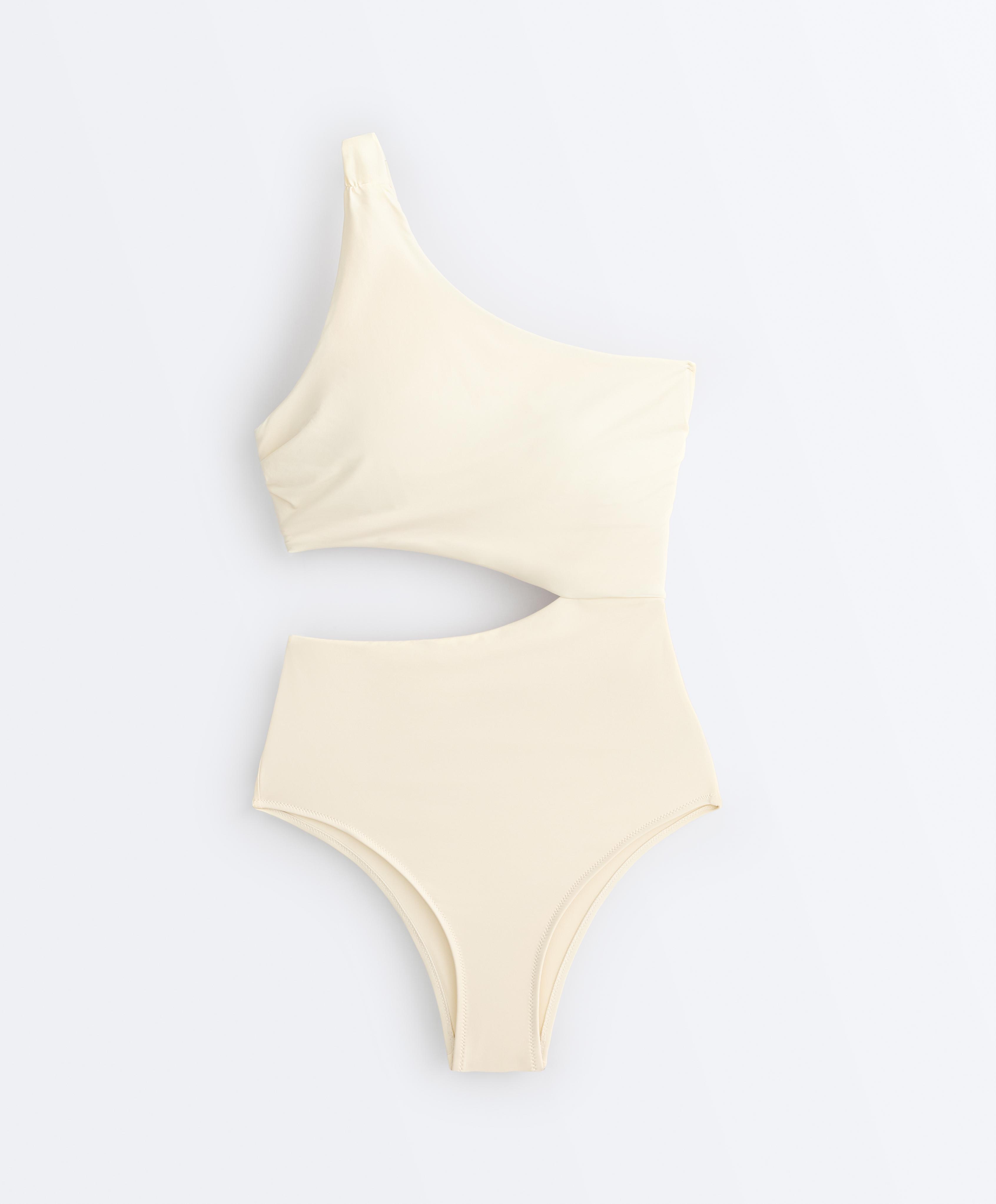 Asymmetric strap trikini — ECRU
