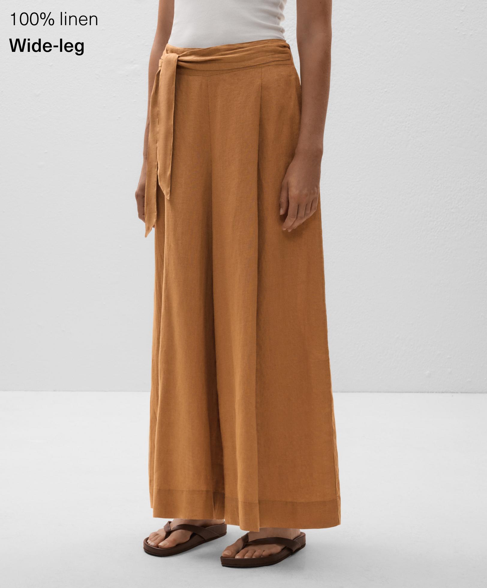 100% linen wide-leg tie waist trousers