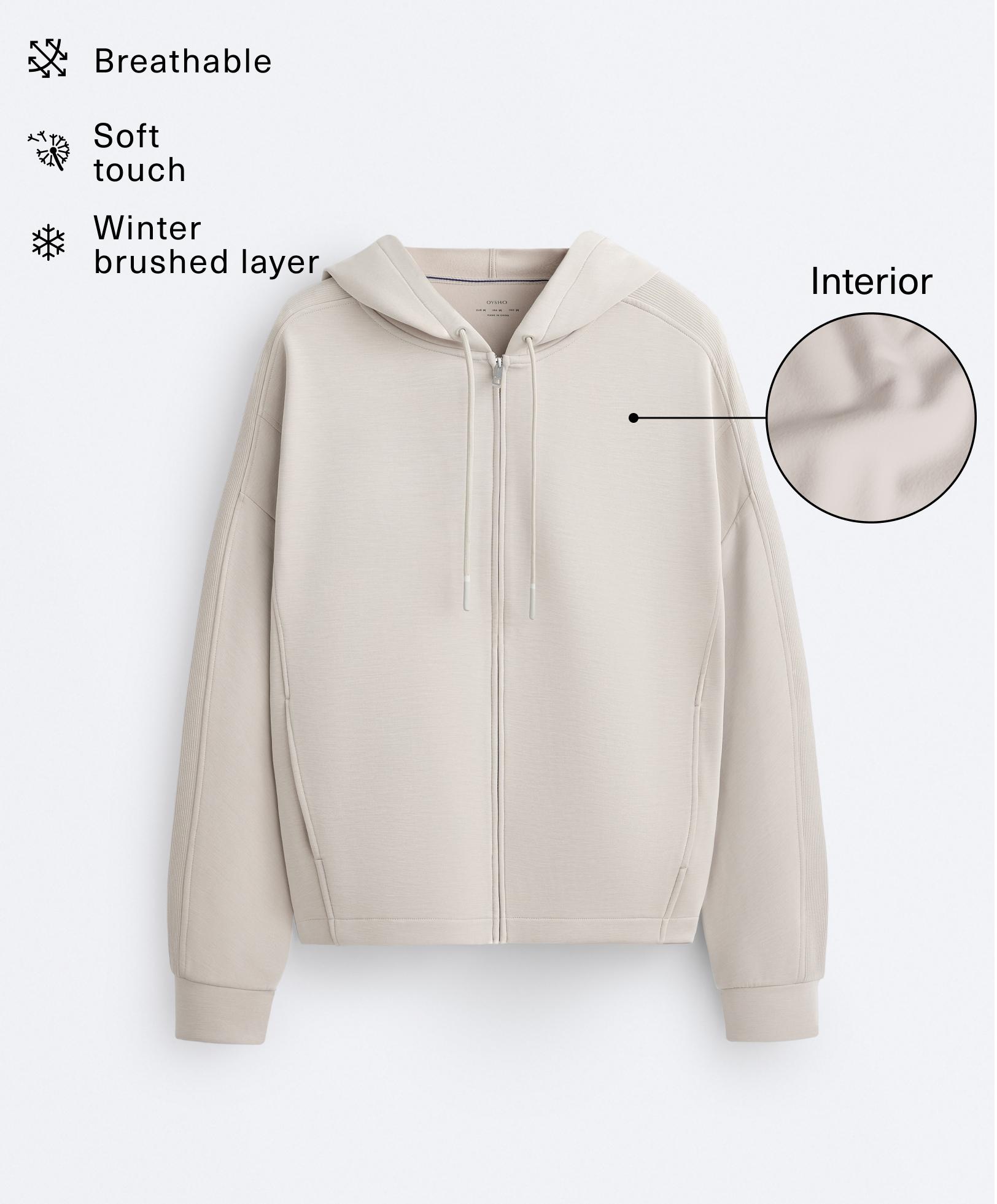 Hooded jacket with Rib details with Brushed modal — TAUPE                   