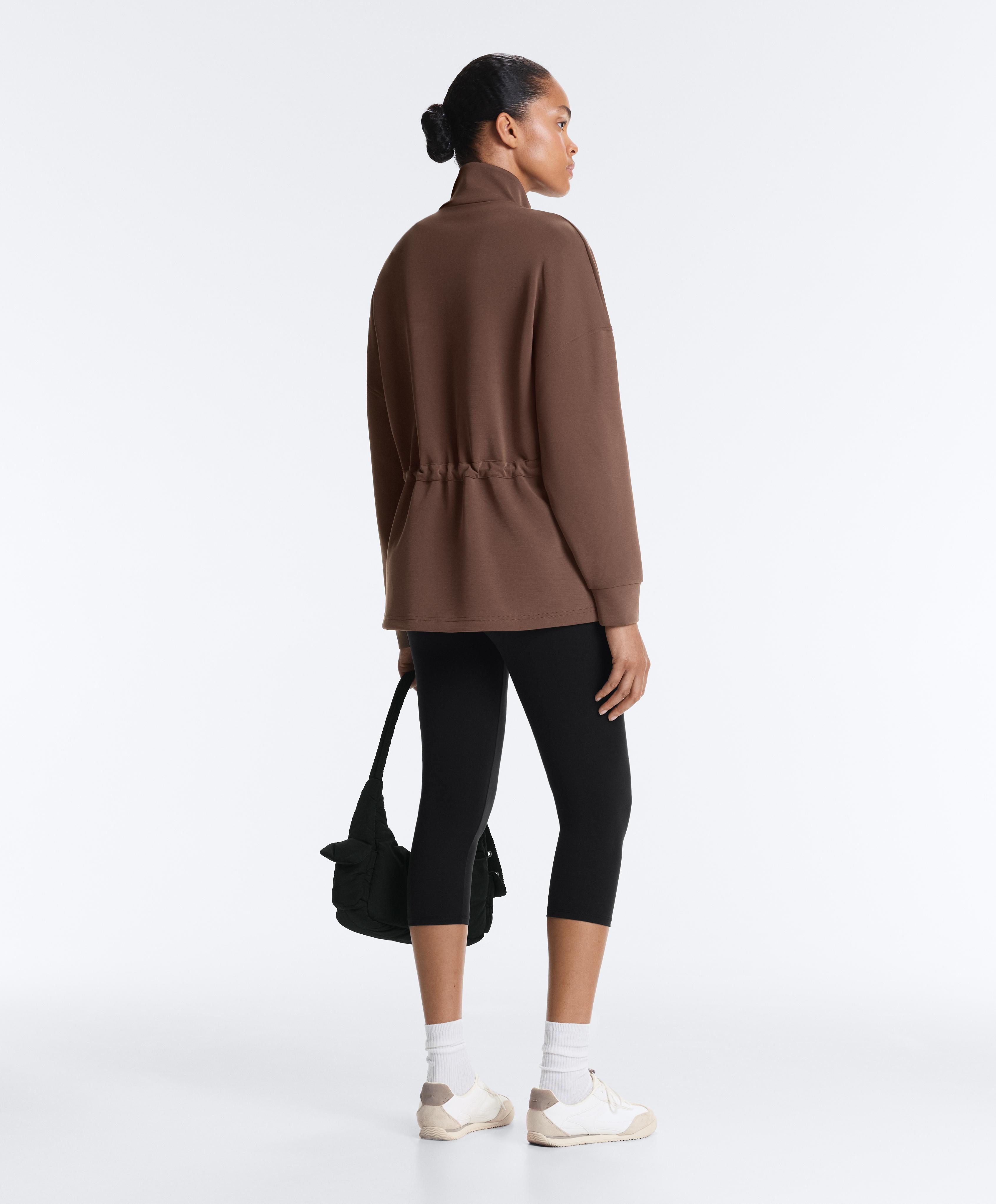 Long jacket with ribbed high neck and soft-touch modal — MID-BROWN