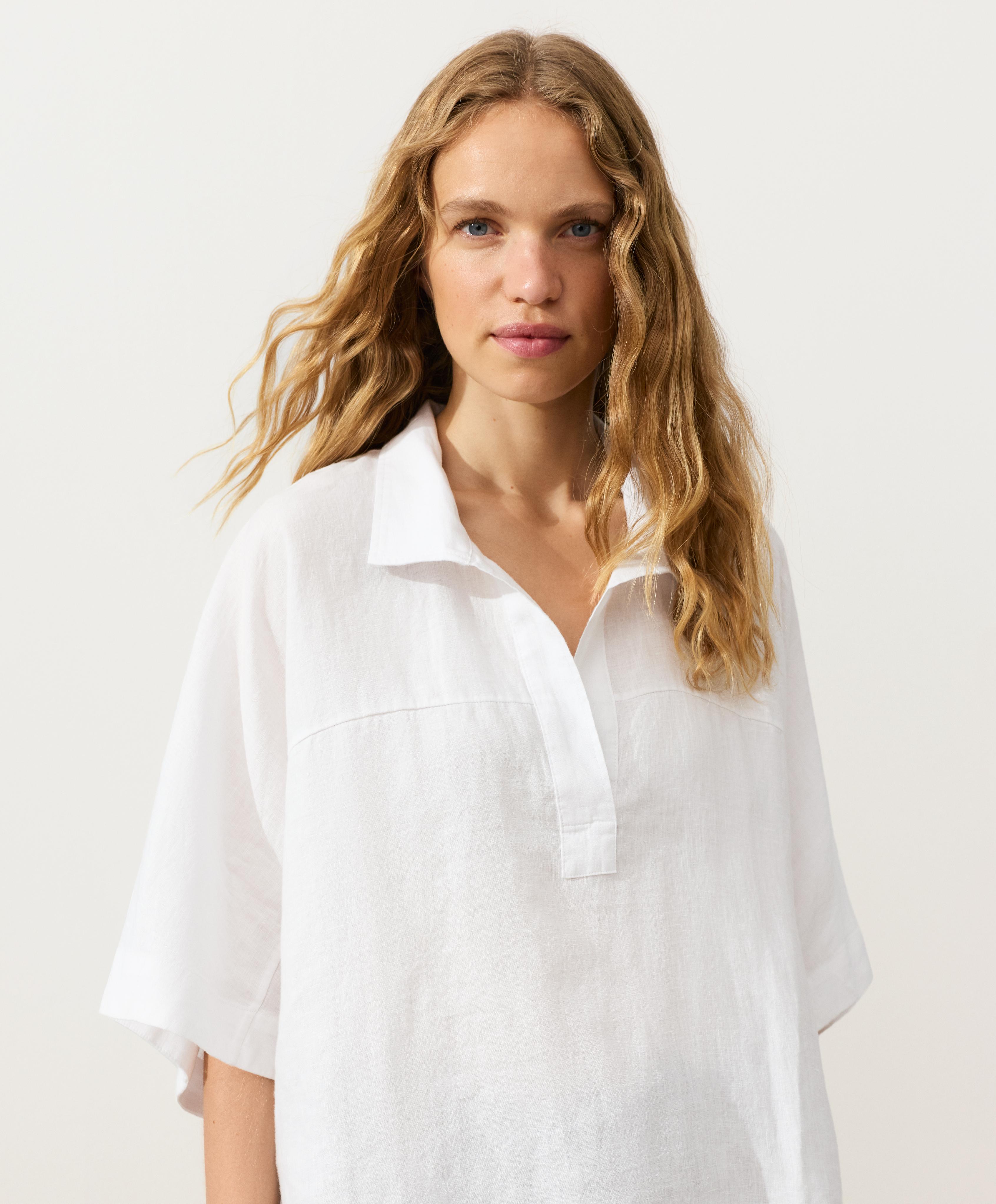 Oversize 100% linen polo shirt — WHITE
