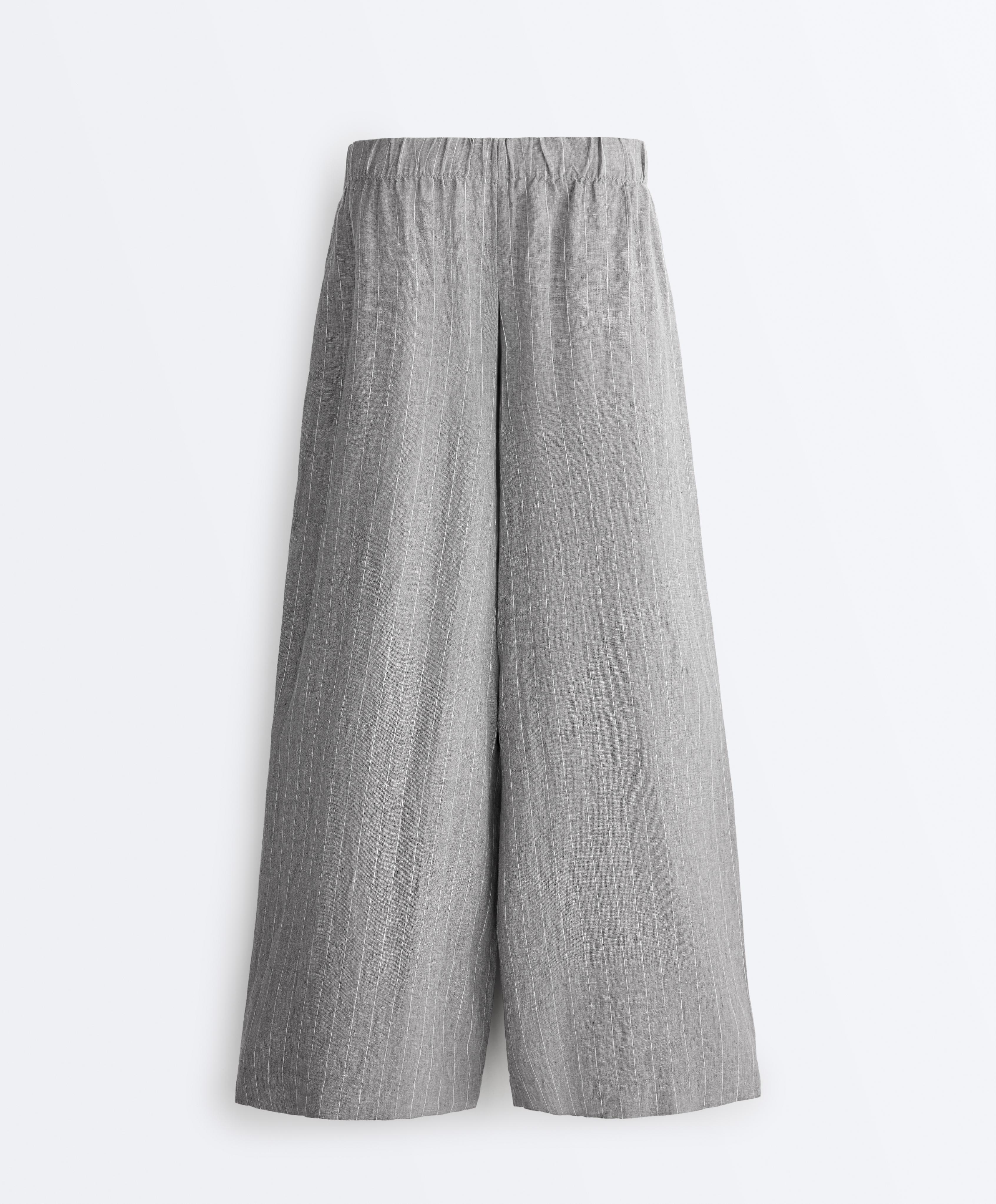 100% linen wide-leg striped trousers — MID GREY