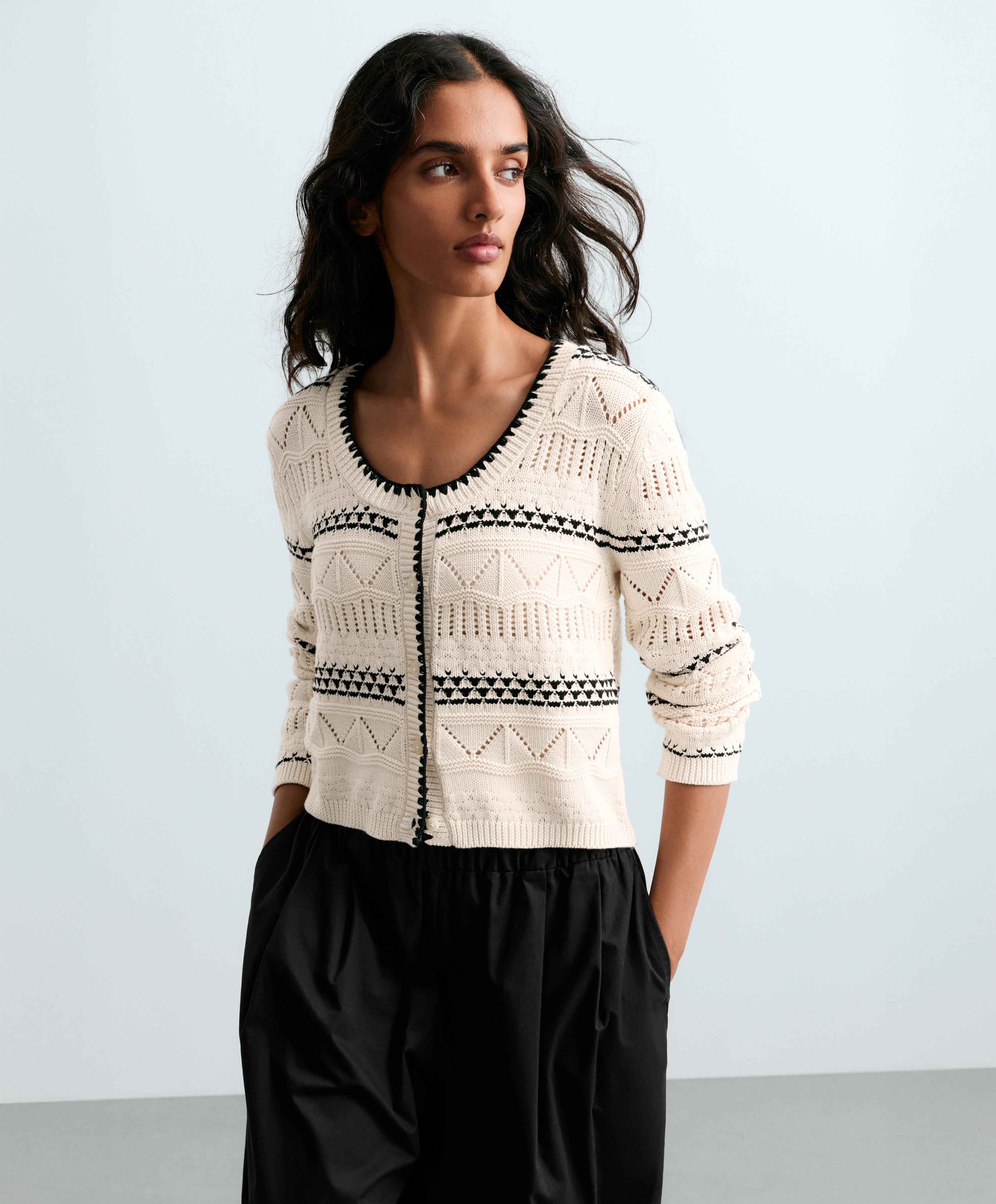 100% cotton contrast open-knit cardigan — PALE ECRU