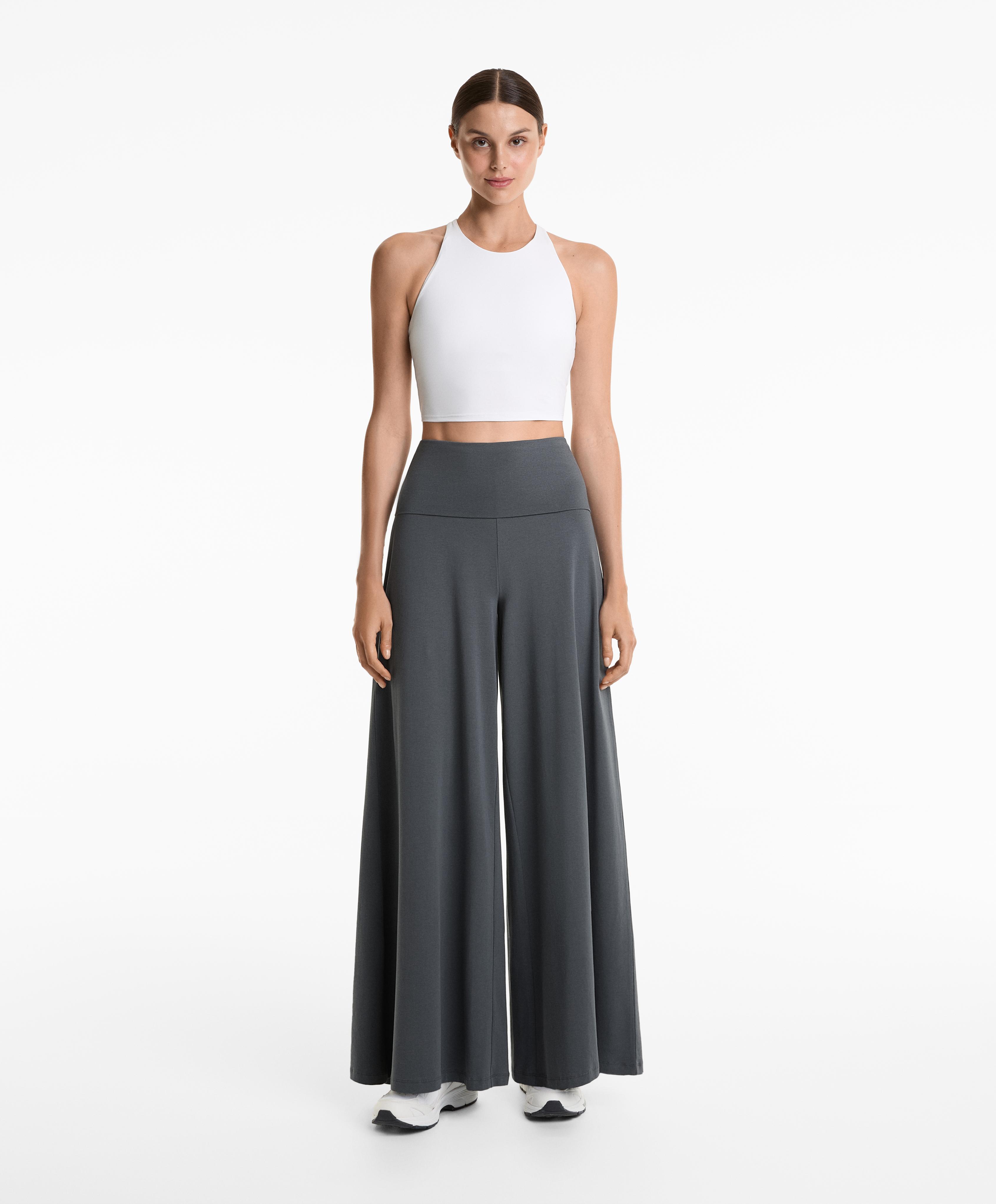 Cotton blend palazzo trousers with turn-over waistband - Sale Cotton blend palazzo trousers with turn-over waistband - Sale