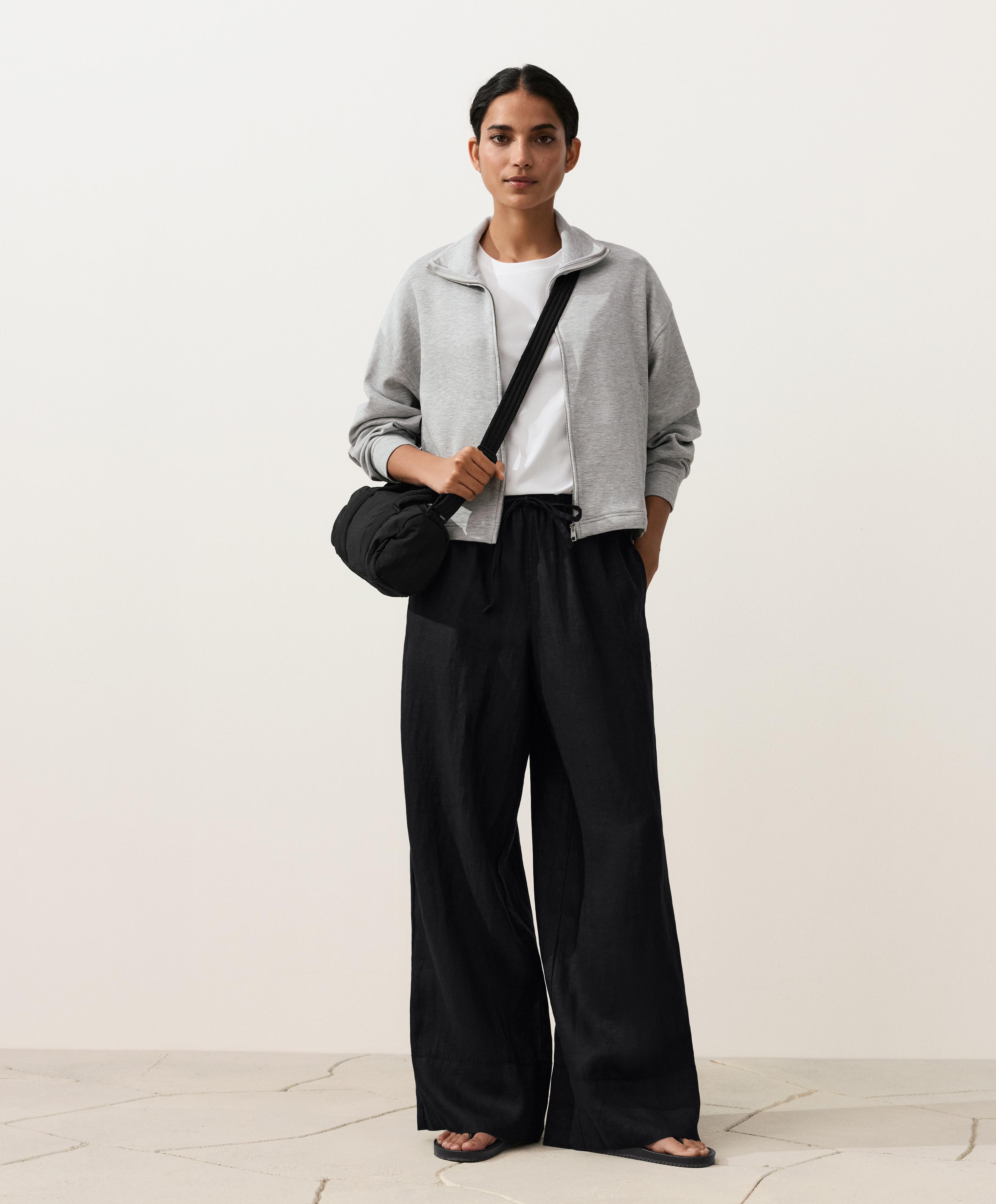 100% linen straight-leg trousers — BLACK