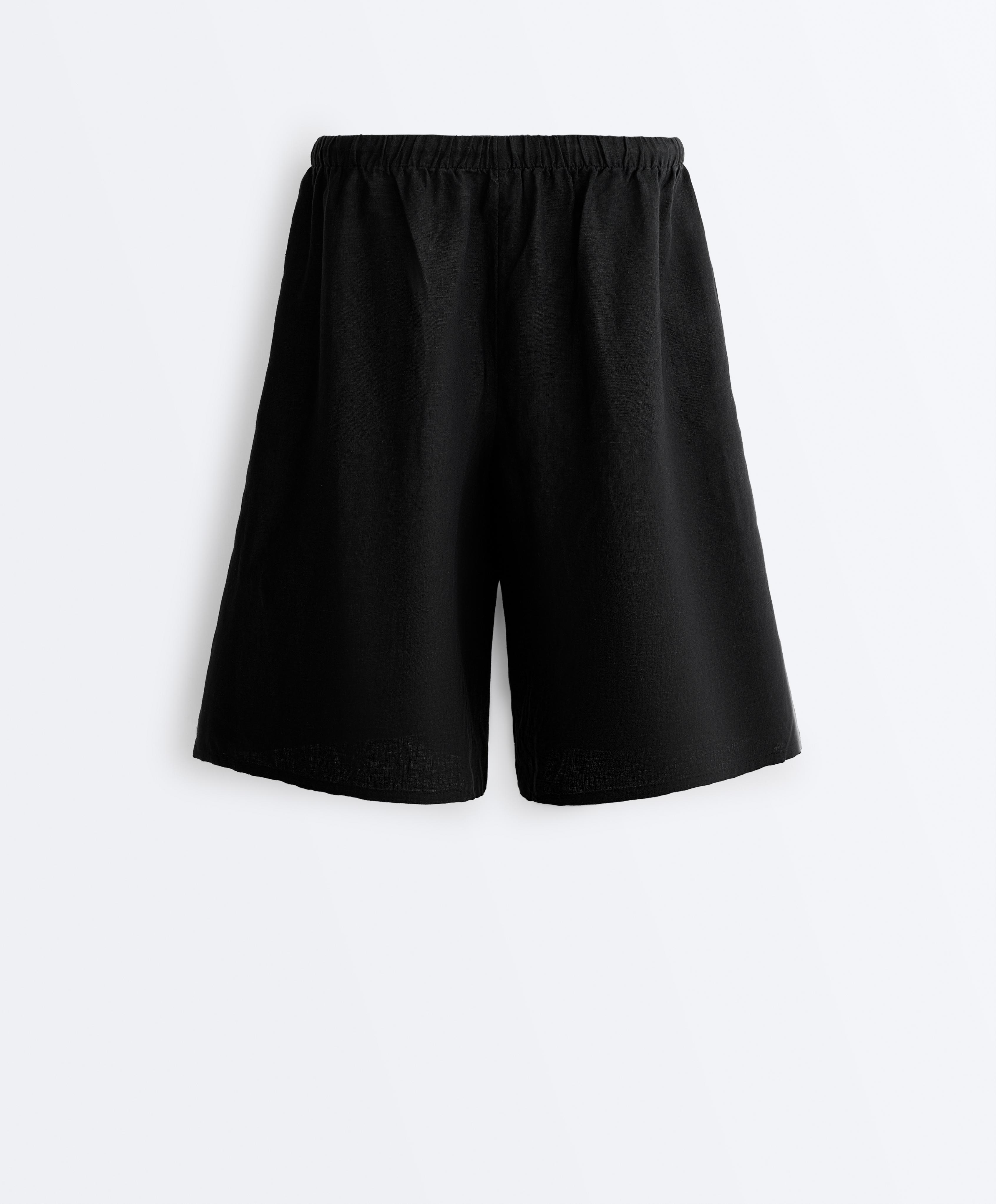 100% linen midi Bermuda shorts — BLACK