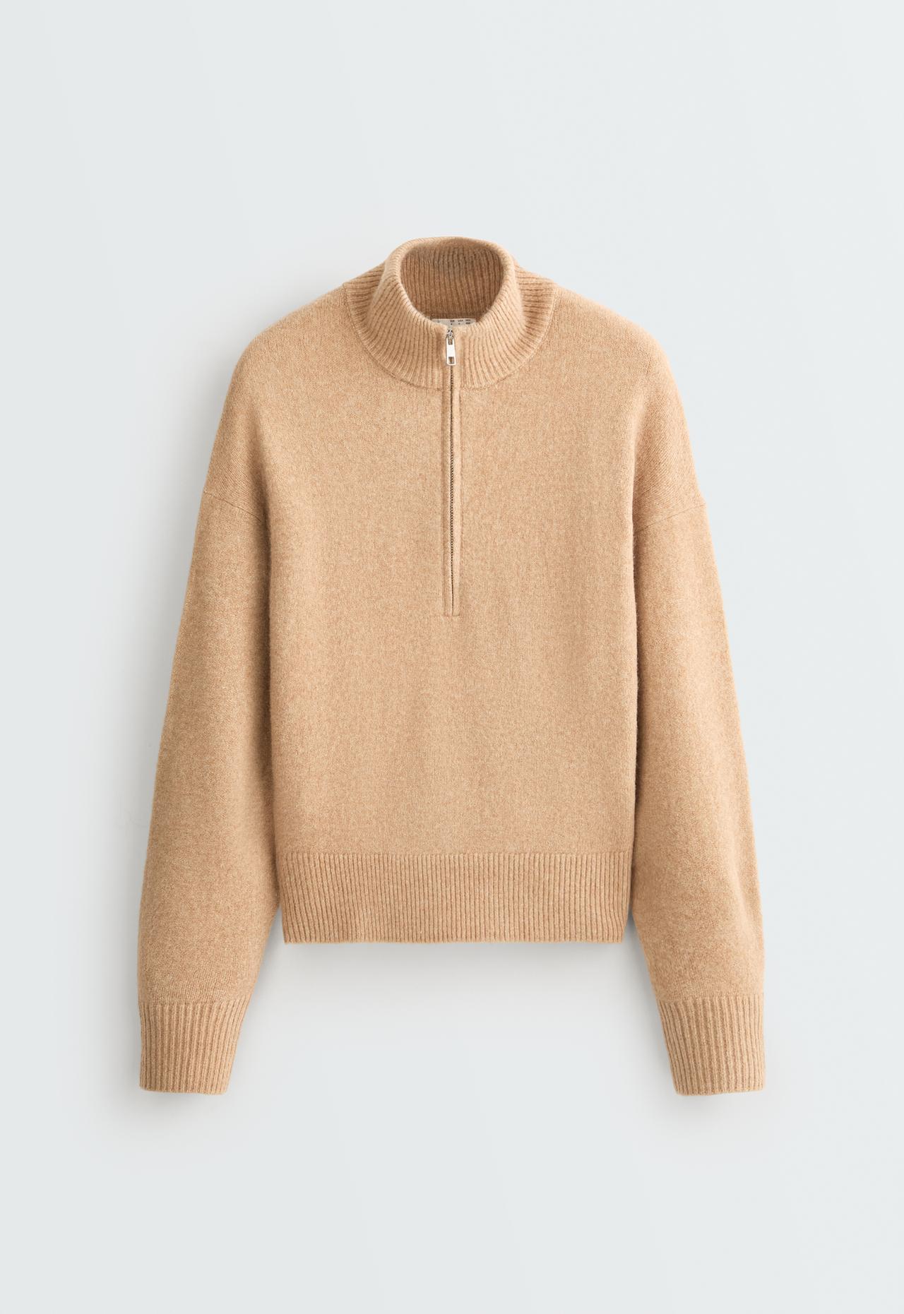 High-neck knit jumper with half-zip — CAMEL