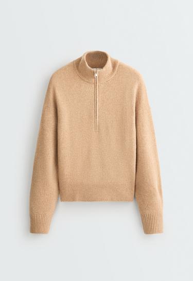 High-neck knit jumper with half-zip — CAMEL 5