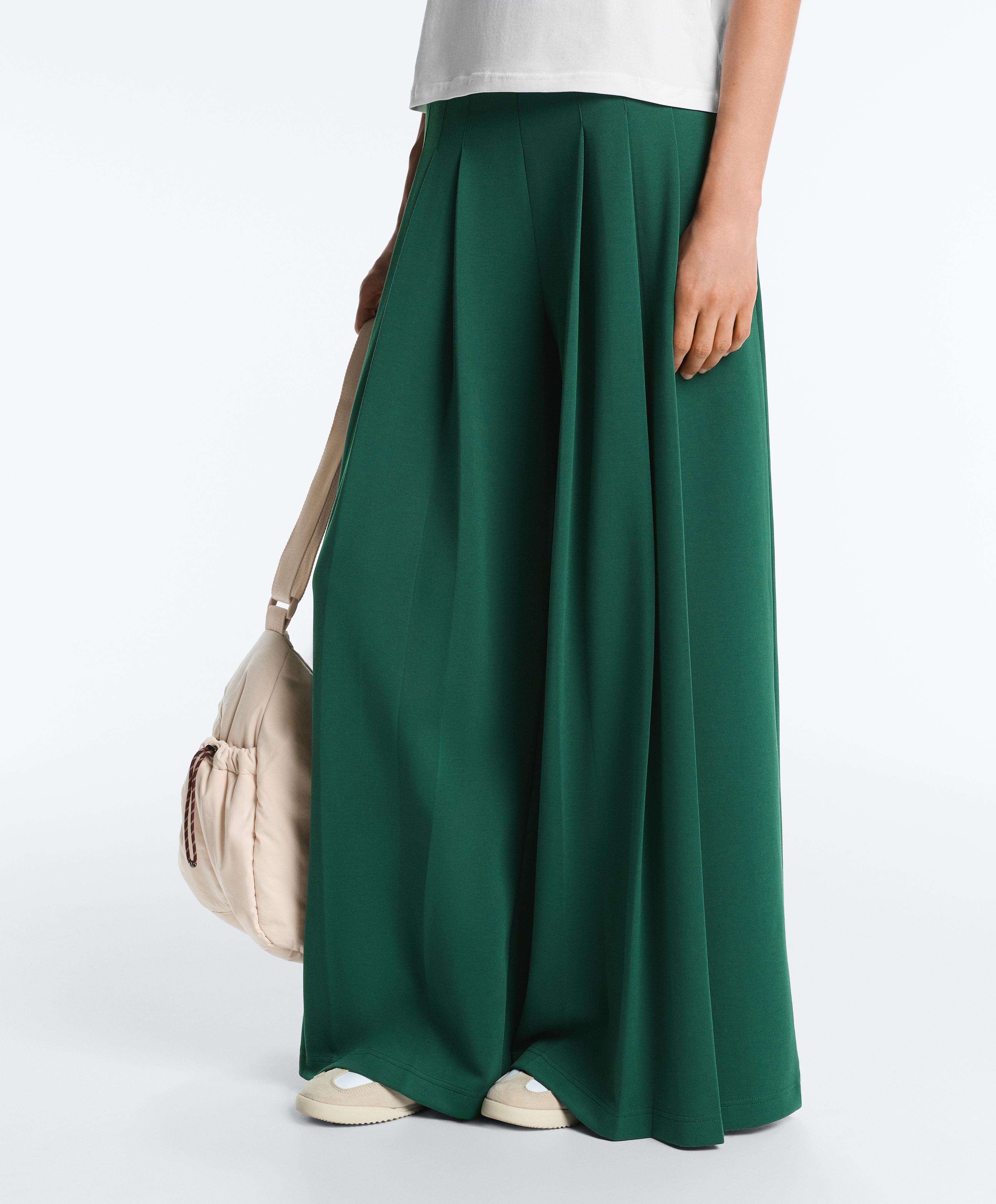 Cotton wide-leg pique trousers with pleats — DARK EMERALD