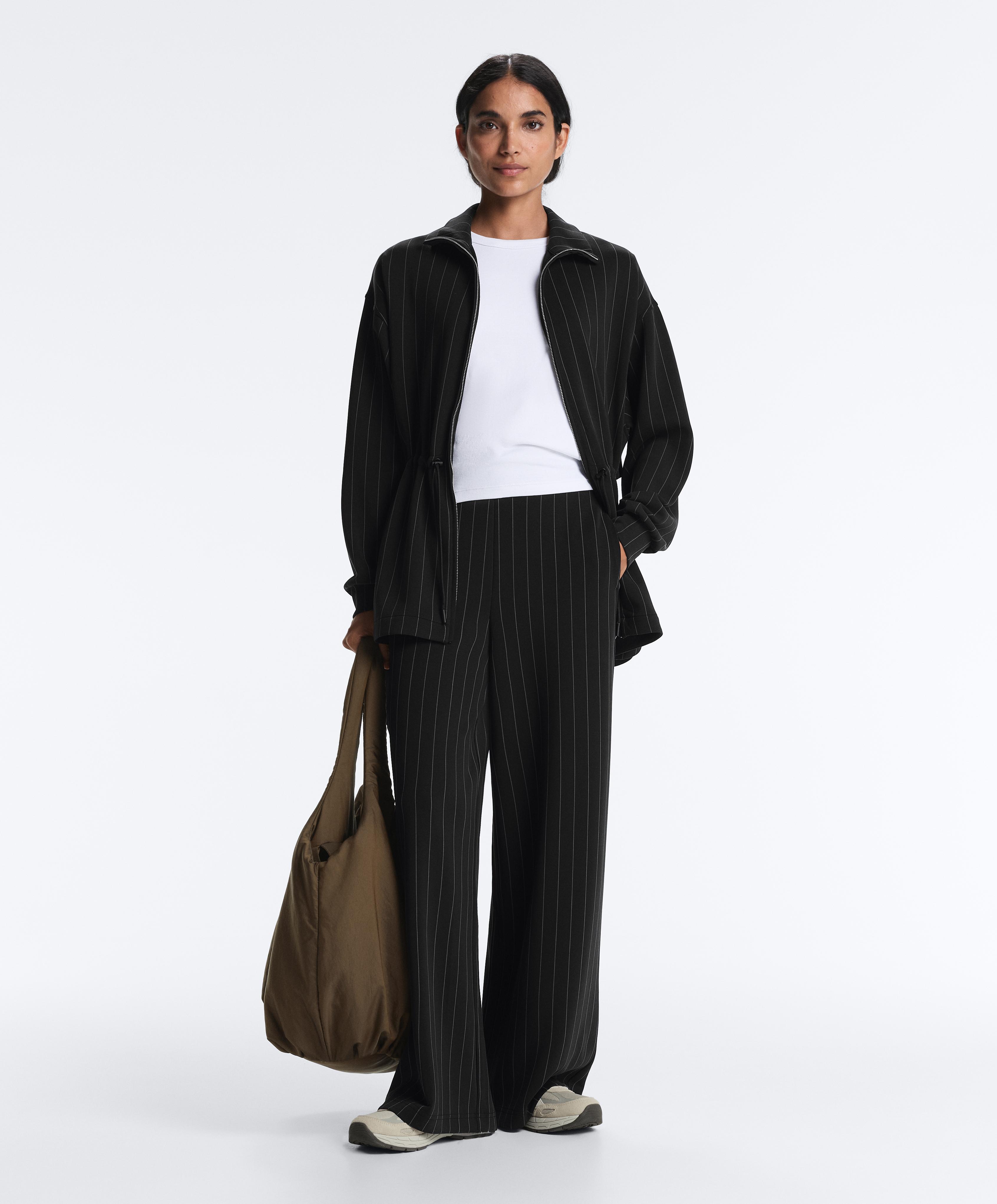 Long pinstripe jacket with adjustable waist and soft-touch modal — BLACK