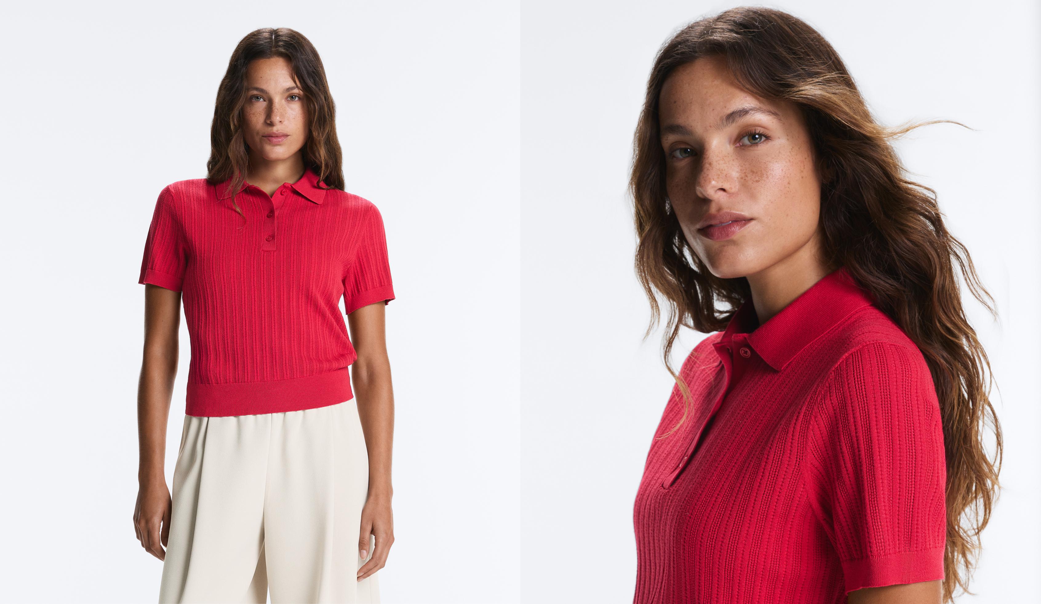 Short sleeve open knit polo shirt — RED