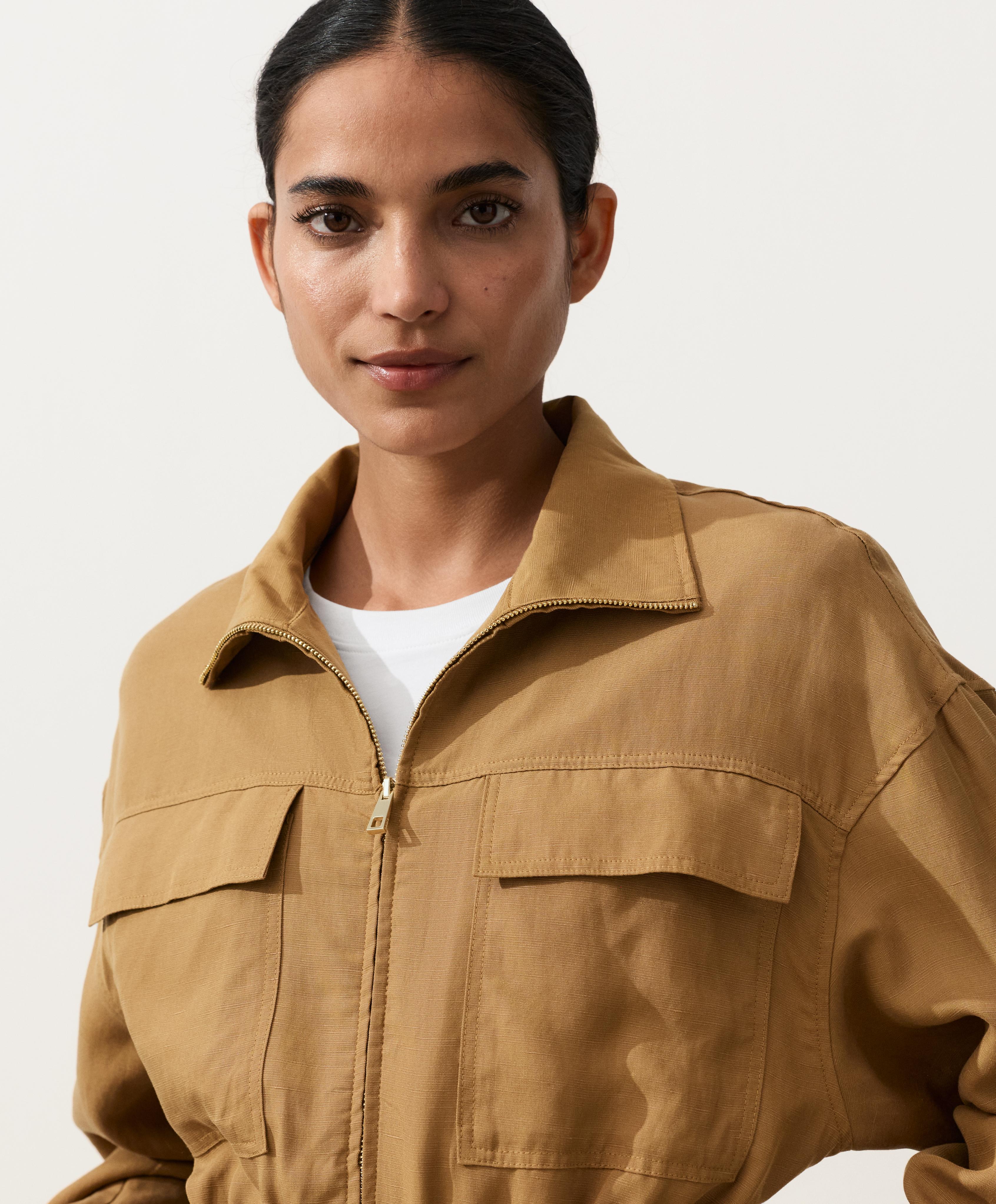Lyocell and 24% linen blend ruched waist jacket — COPPER