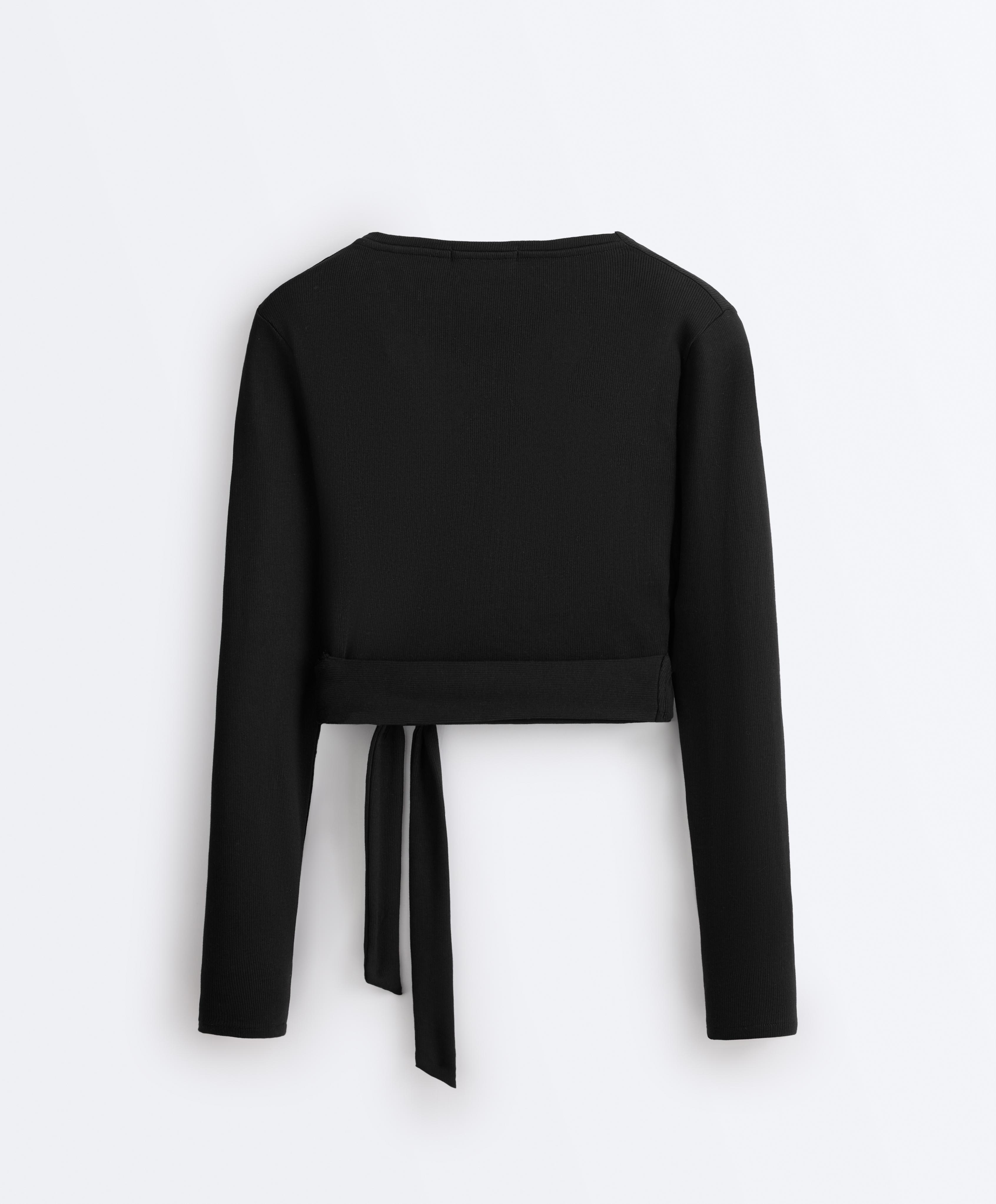 Wrap Over Rib Cotton Blend T-Shirt — BLACK
