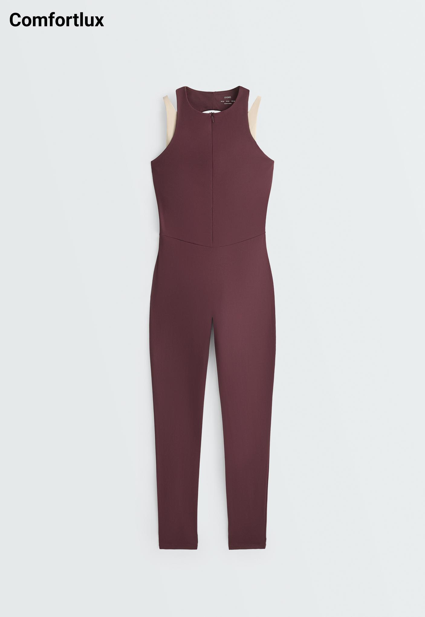 Comfortlux long jumpsuit with contrast overlay — PLUM