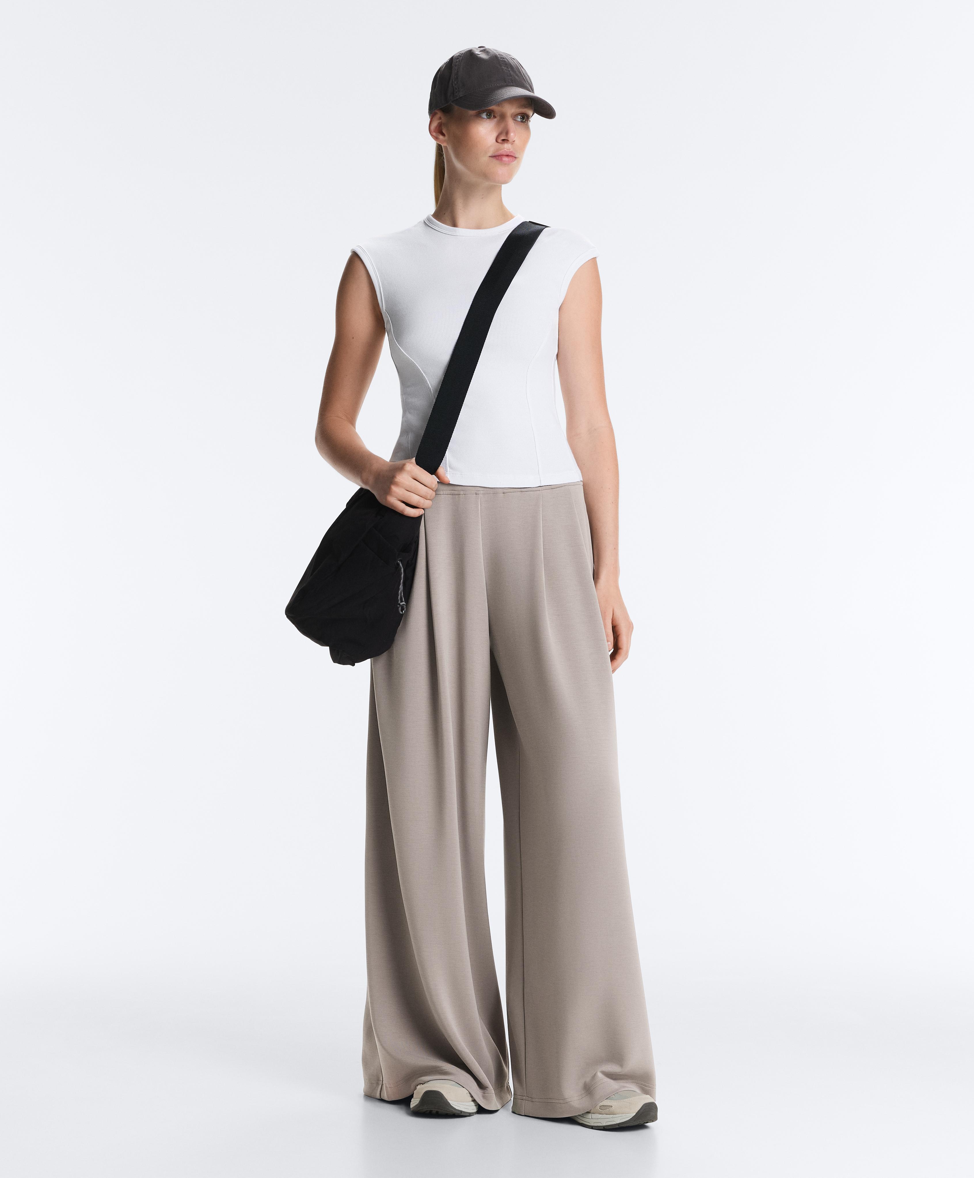 Soft-touch modal wide-leg trousers with corset detail — PALE TAUPE