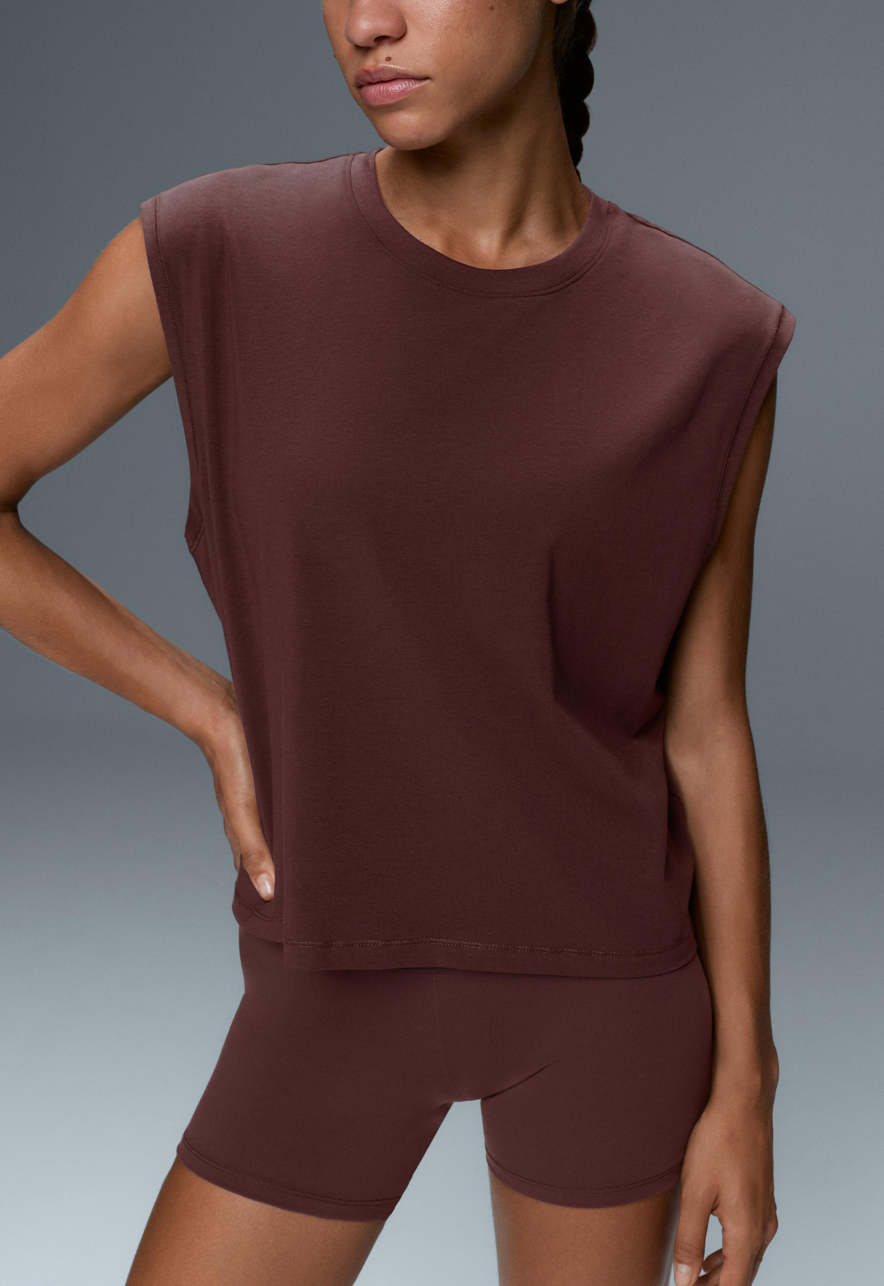 Cotton blend sleeveless T-shirt — CHOCOLATE