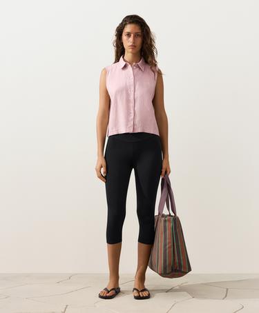 Sleeveless cropped 100% linen shirt — DUSTY PINK 2