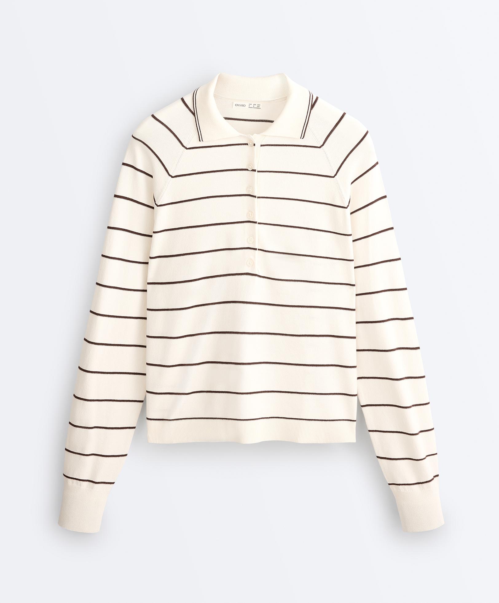 Striped long-sleeve polo shirt — PALE ECRU