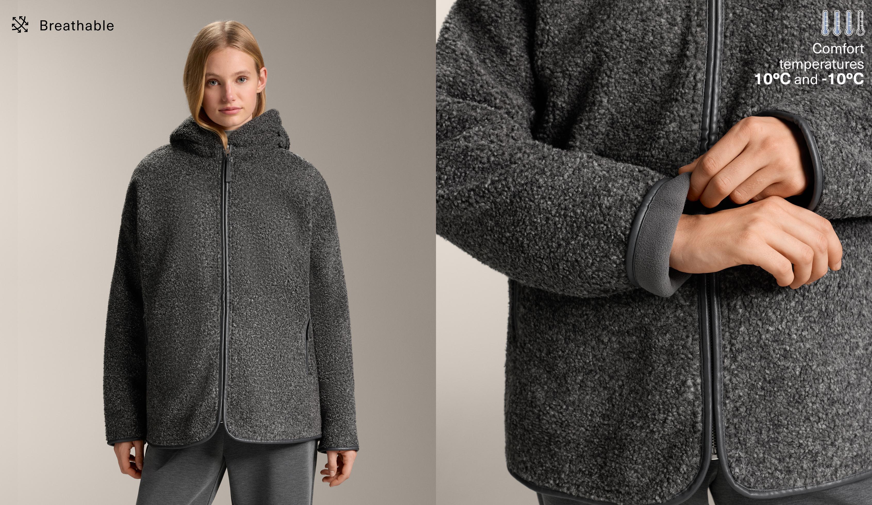 Oversize faux-shearling jacket with faux-fur lined hood — DARK-GREY MELANGE