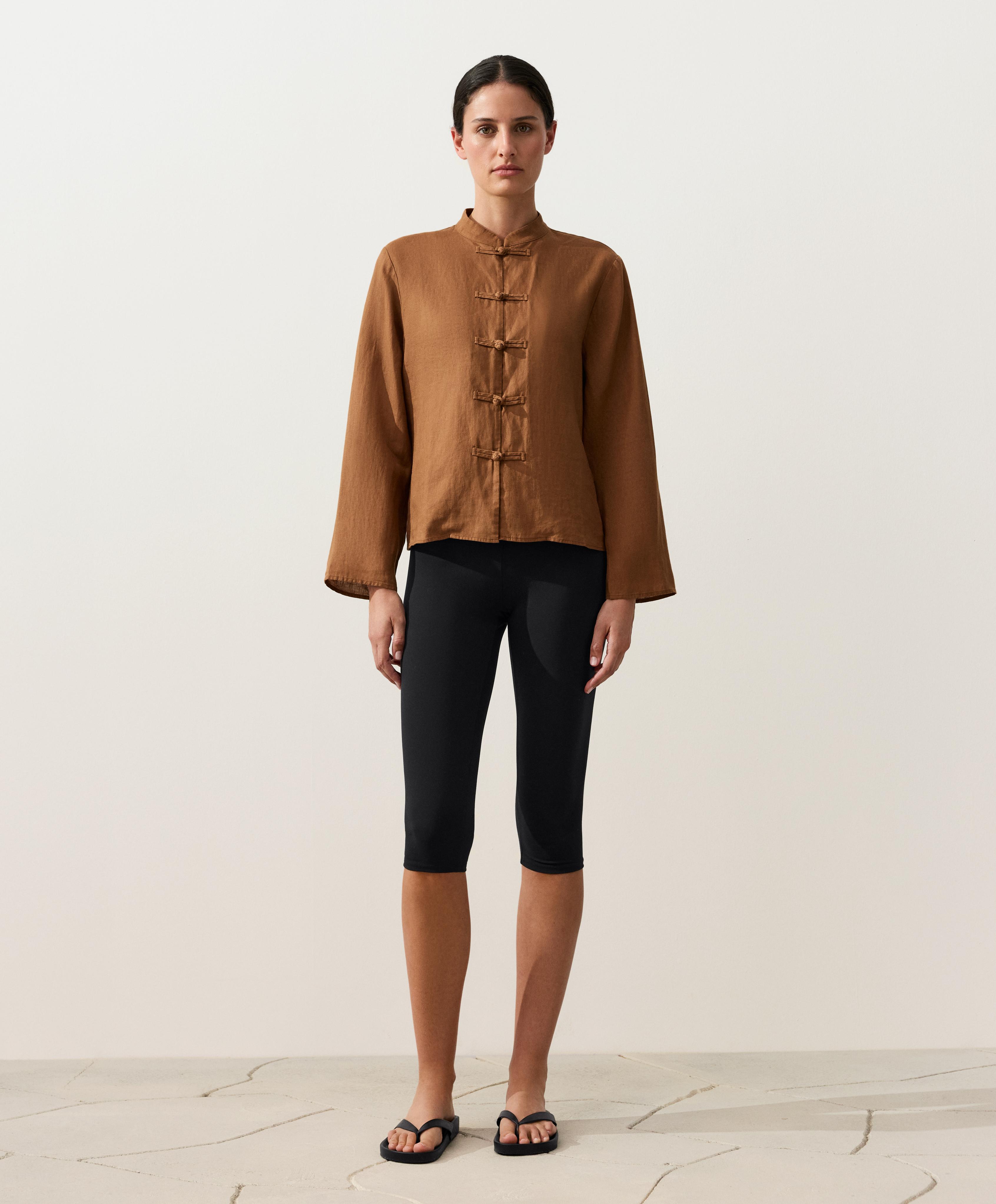 100% linen stand-up collar shirt — TOFFEE