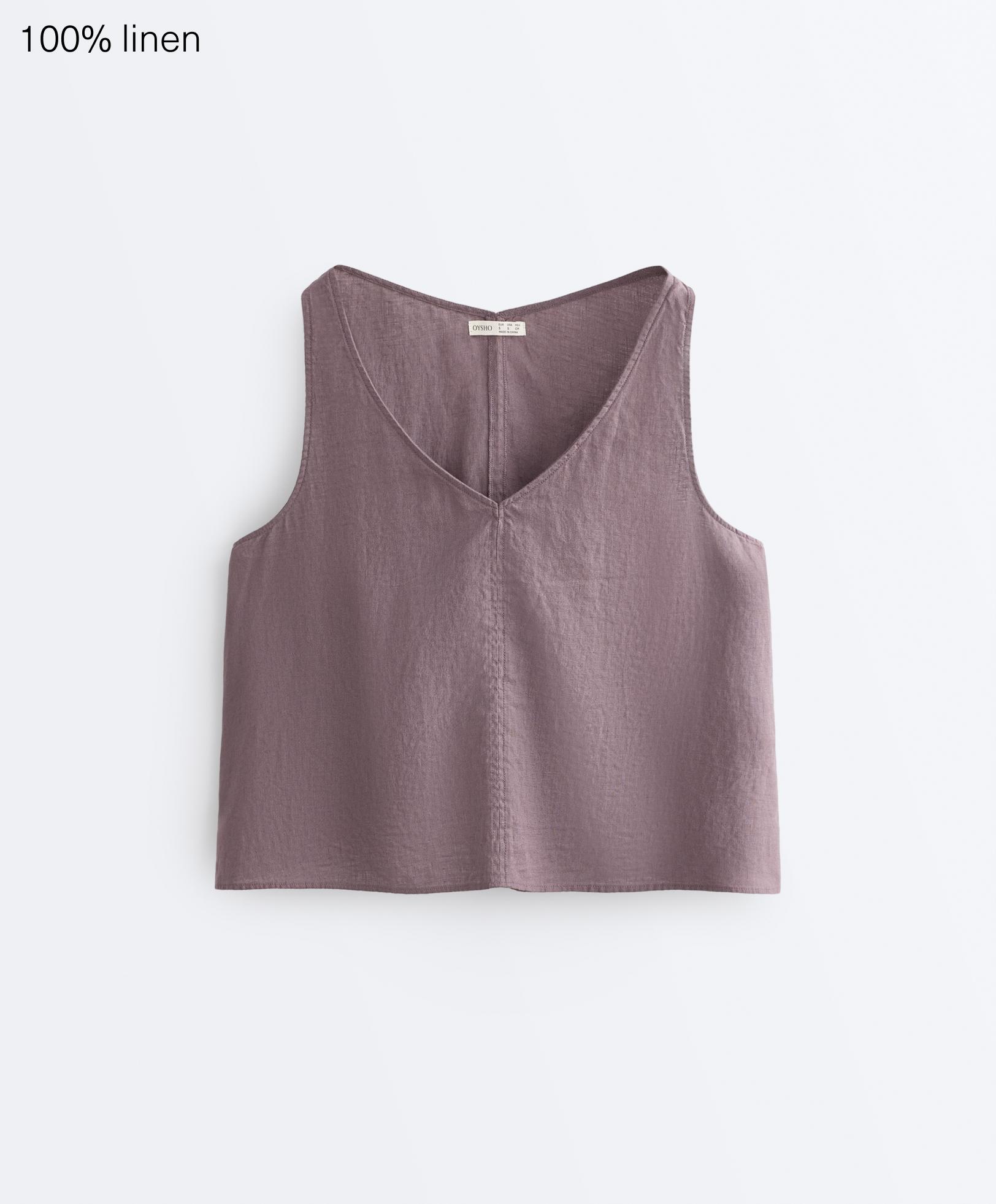 100% linen V-neck strap top — DUSTY LILAC