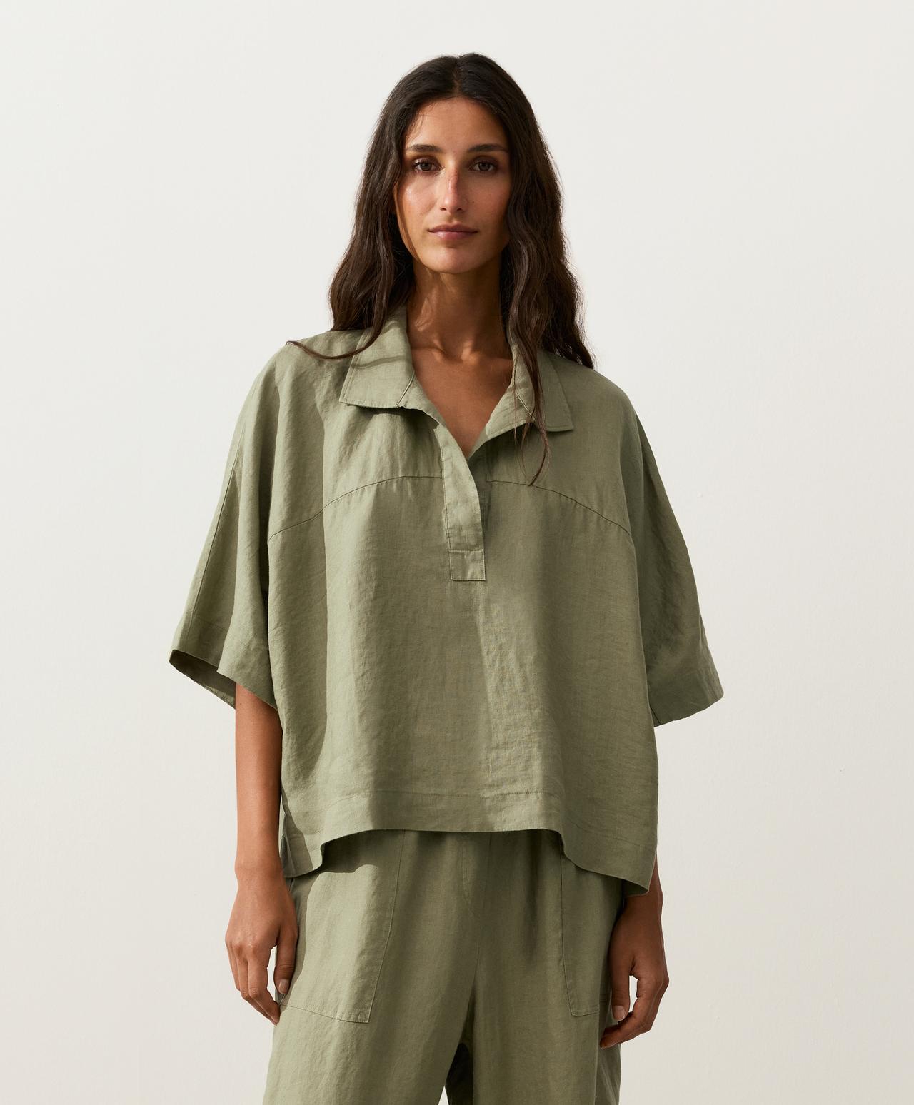 Oversize 100% linen polo shirt — YELLOW GREEN