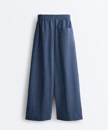100% linen super wide-leg cropped trousers — BLUE MELANGE 8