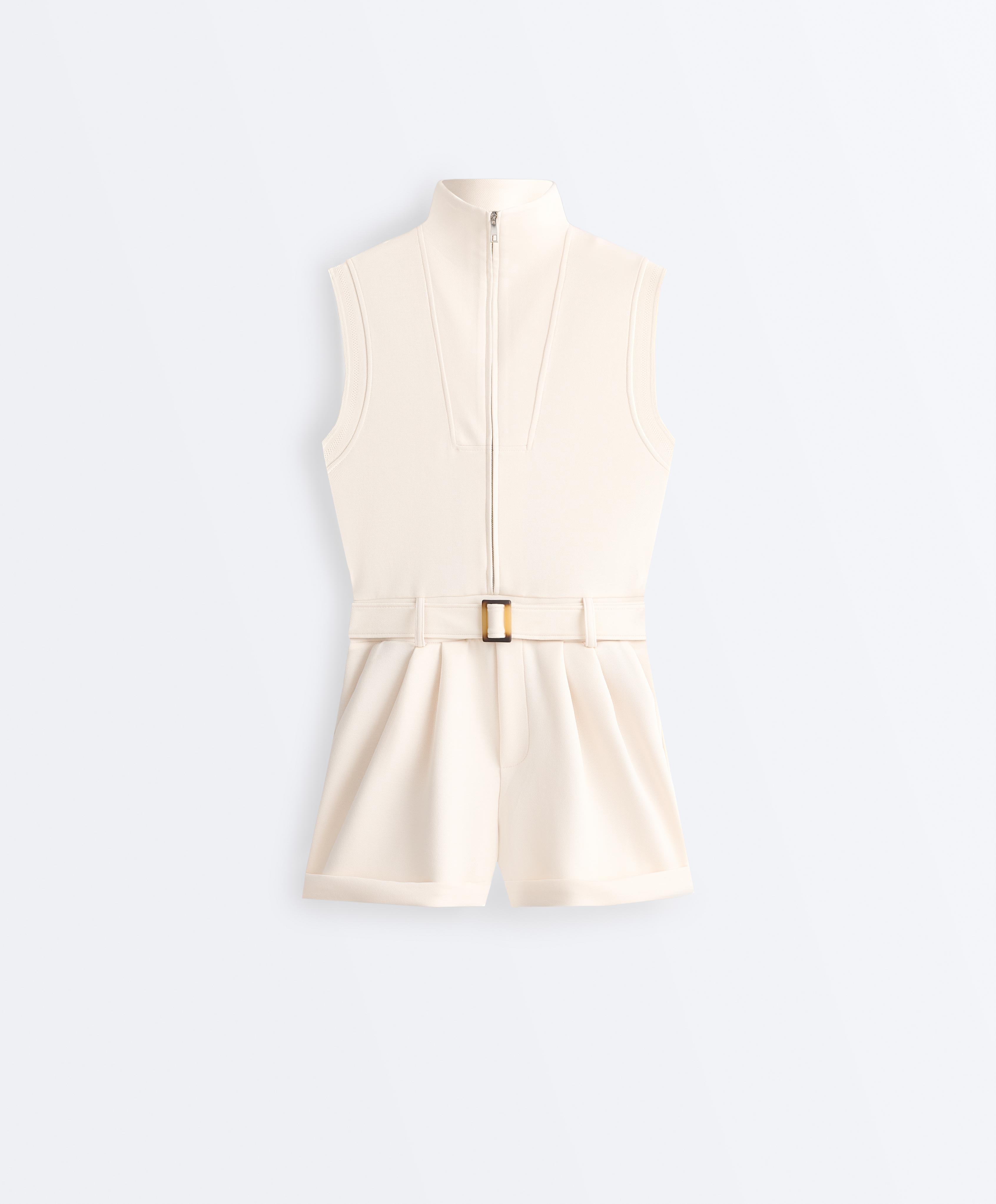 Cotton piqué short jumpsuit — PALE ECRU