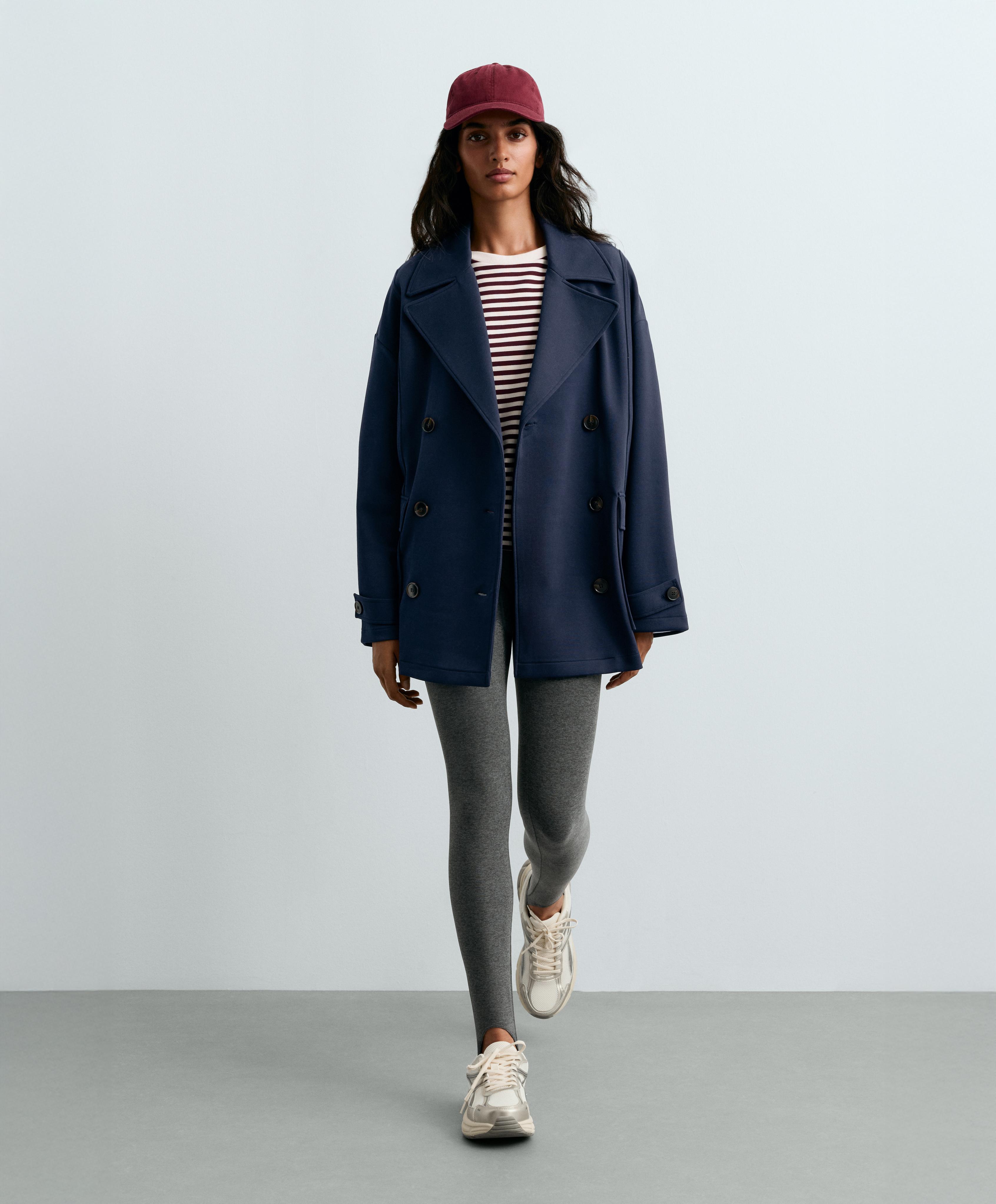 6-button long piqué cotton jacket — NAVY BLUE