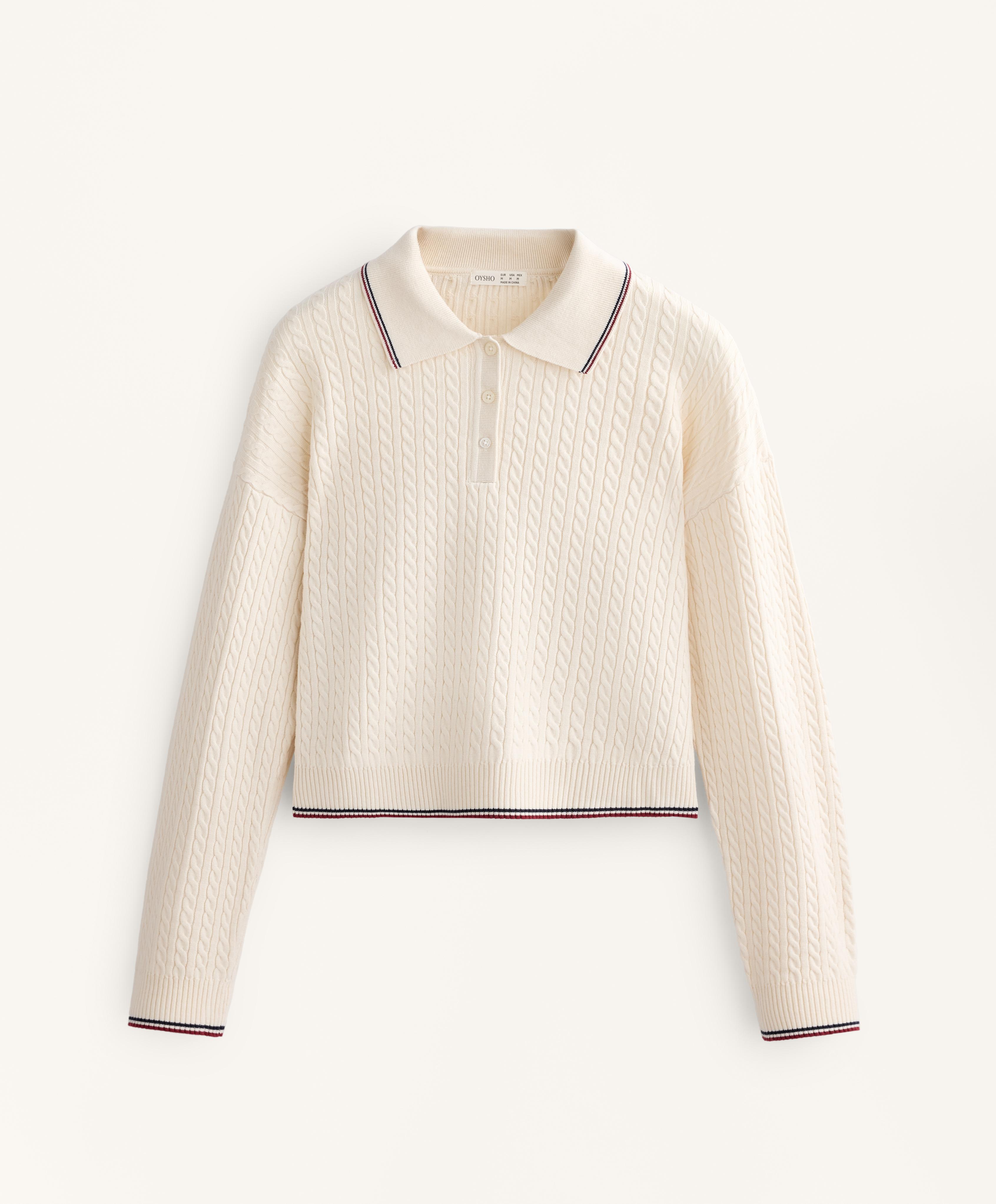 Mini cable knit polo neck jumper — ECRU