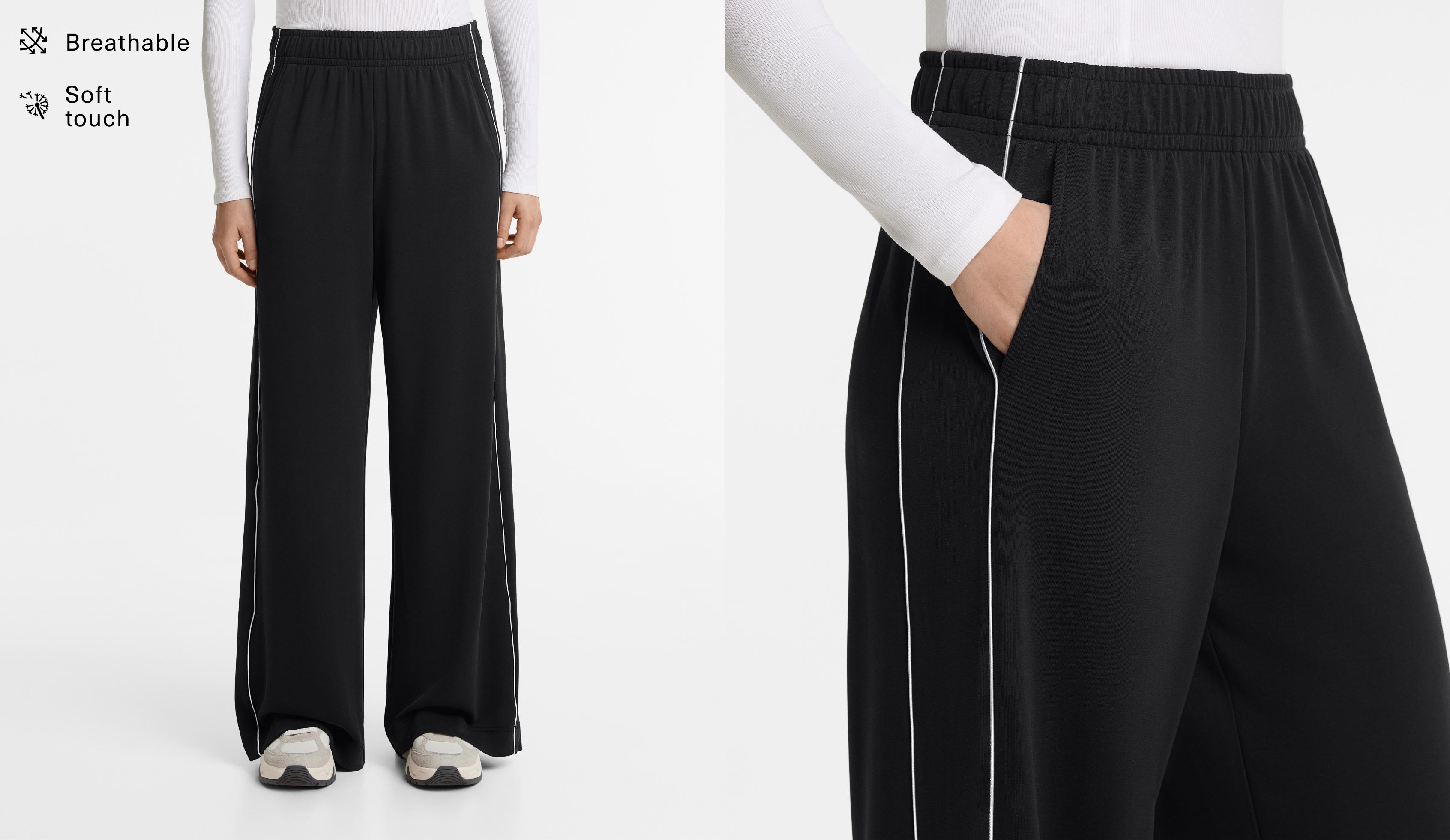 Side appliqué wide straight-leg trousers with modal