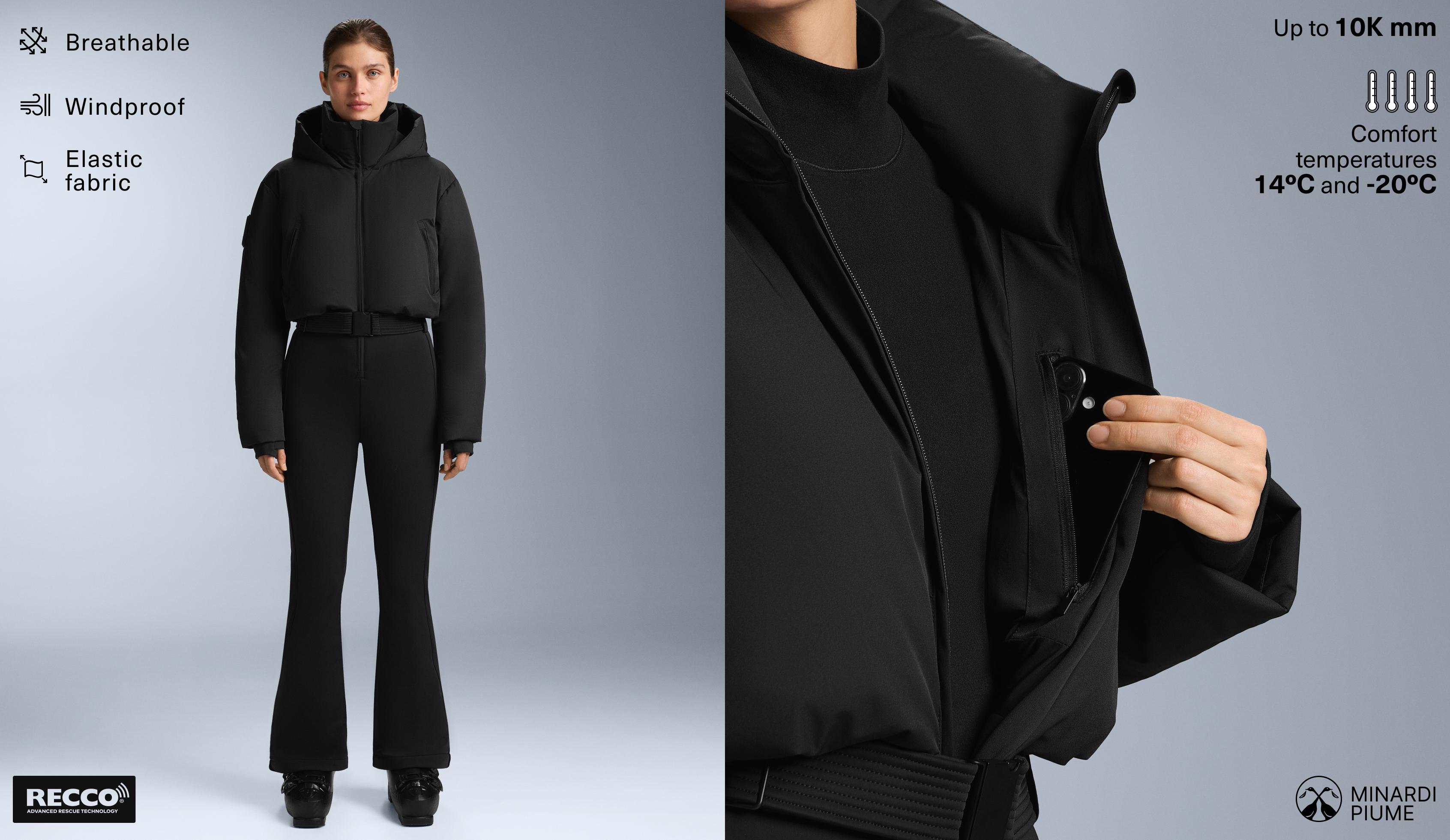 MINARDI PIUME SKI water-resistant padded 80% down and 20% feather jumpsuit — BLACK
