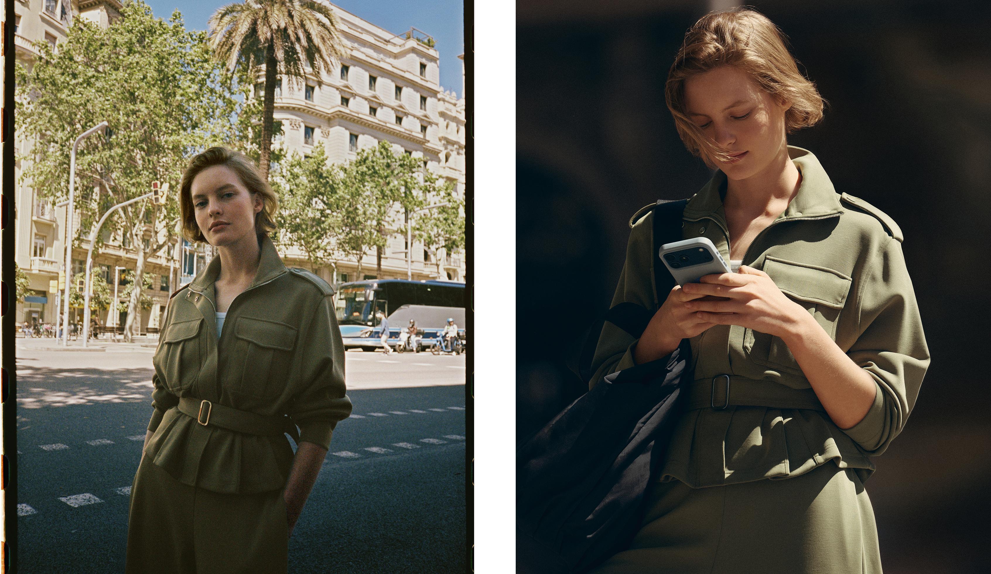 Cropped piqué utility jacket with belt