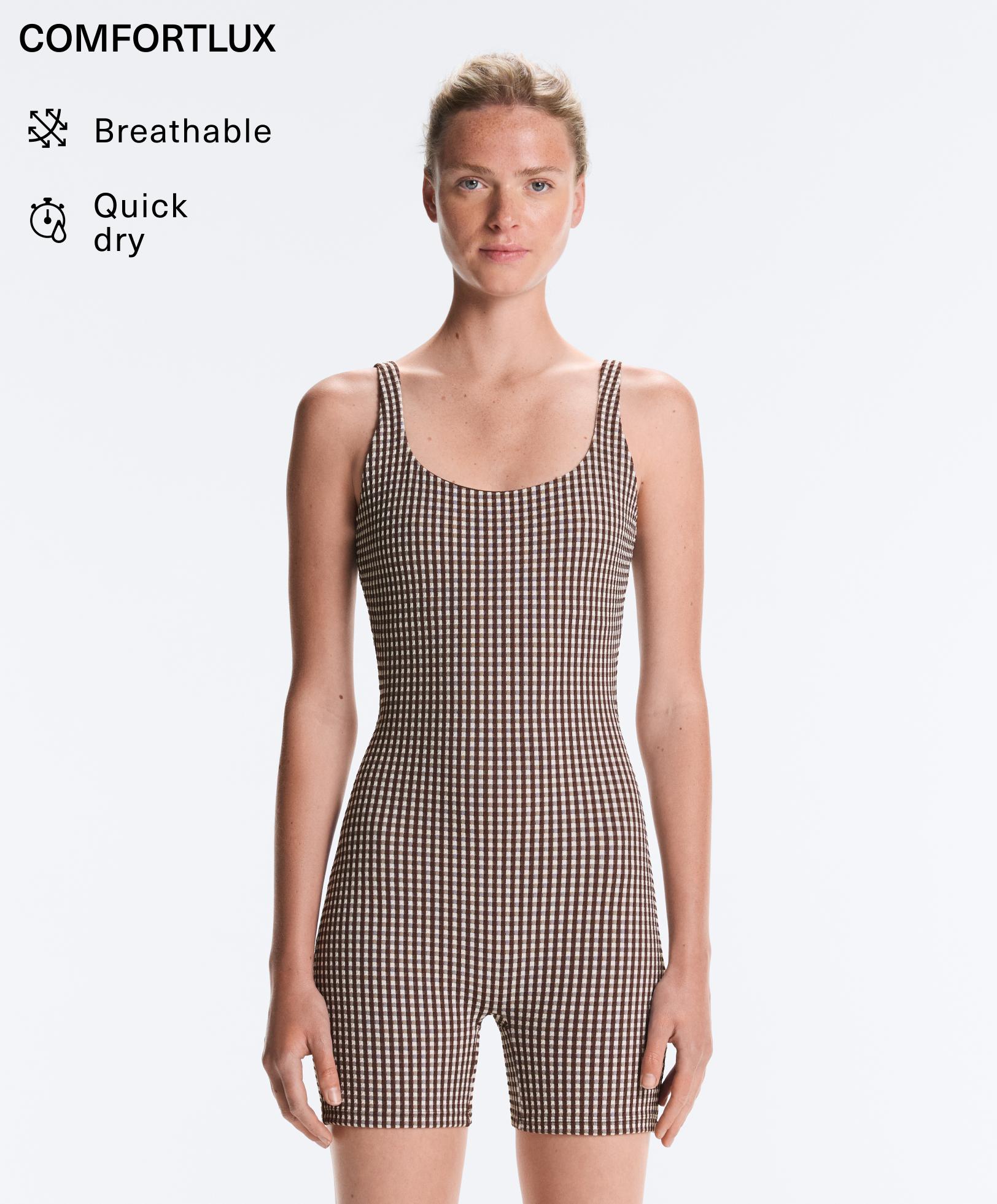 Comfortlux gingham short jumpsuit — DARK REDDISH‑BROWN