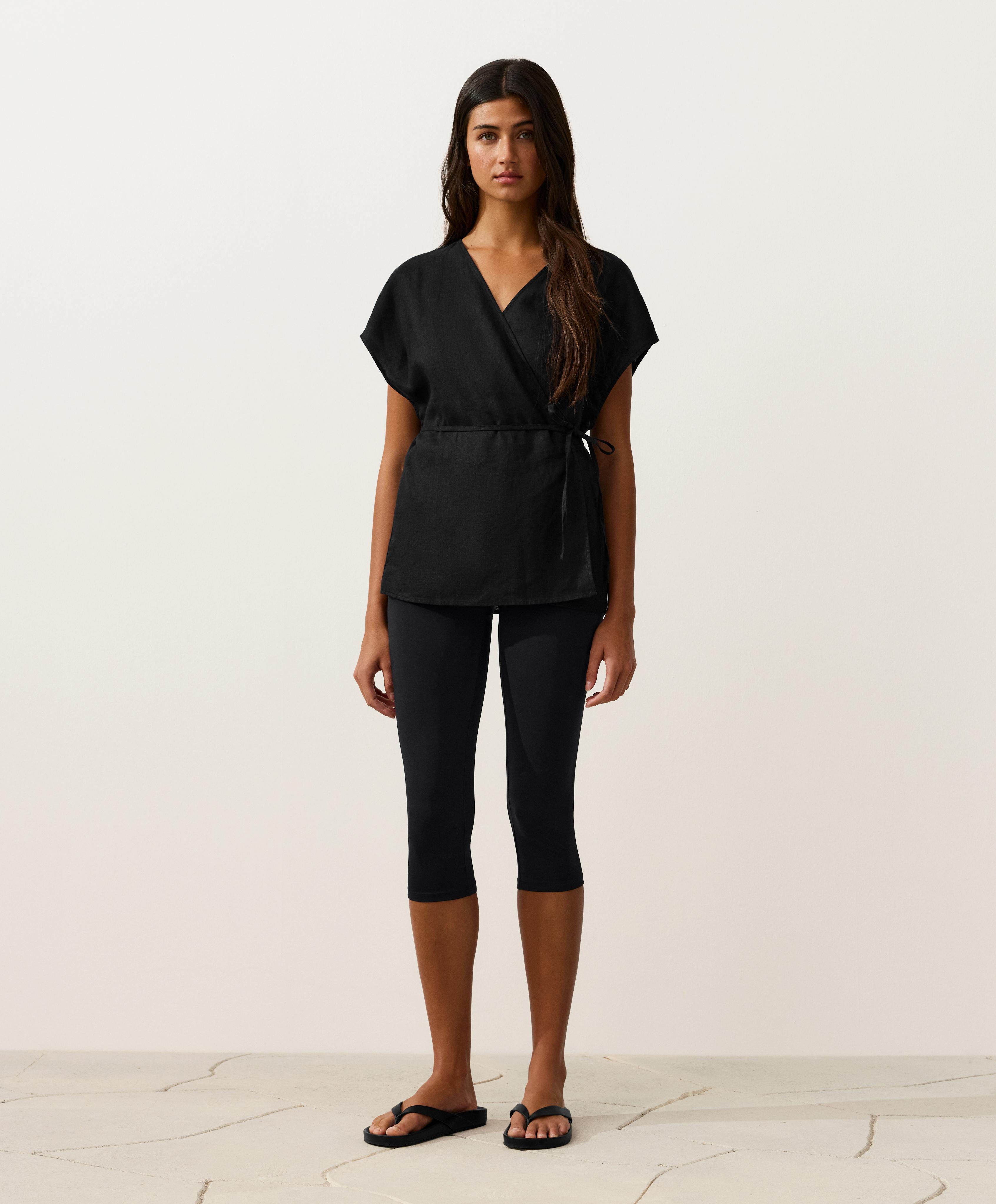 100% linen wrap shirt with tie — BLACK