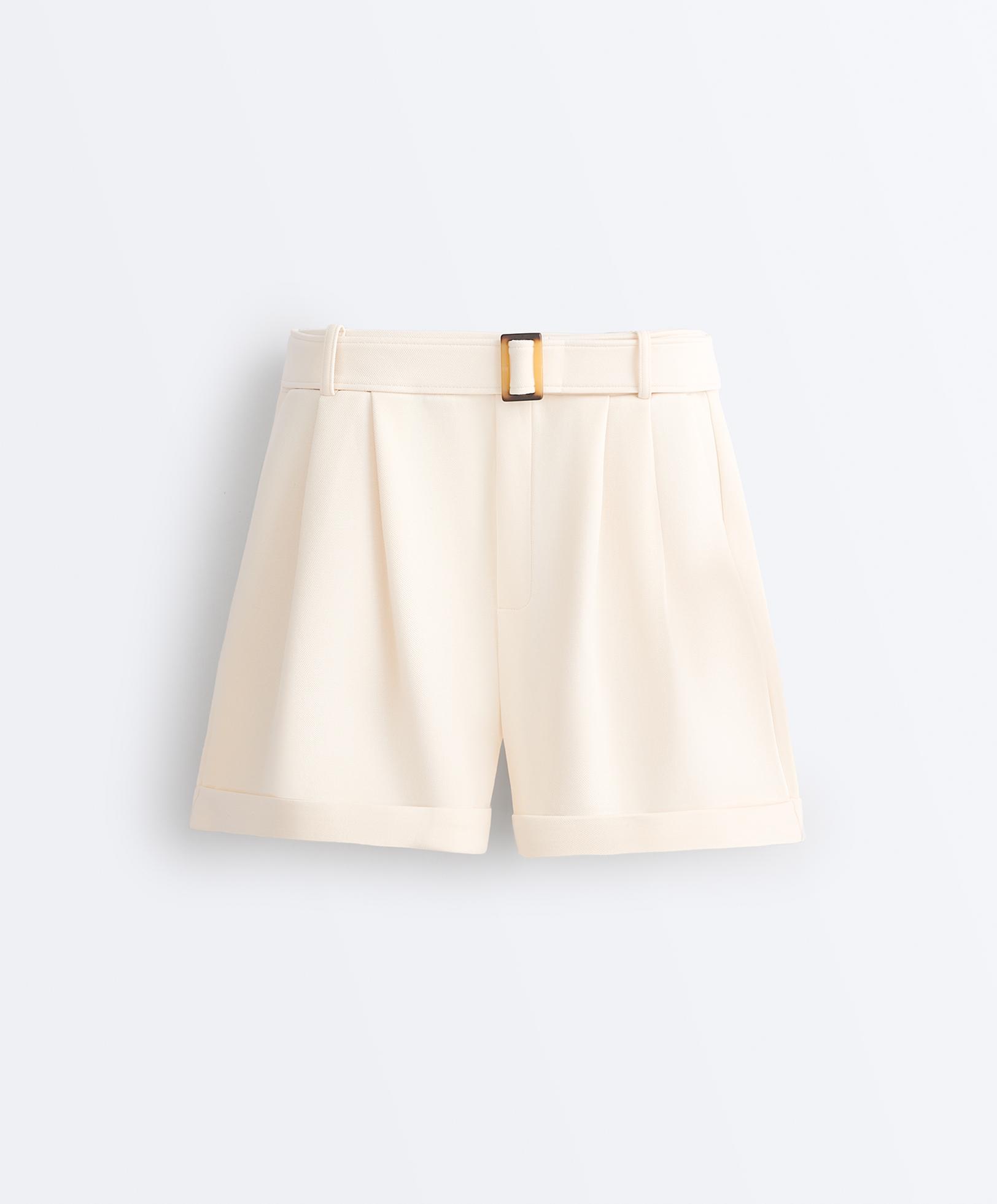 Cotton piqué belted shorts — PALE ECRU