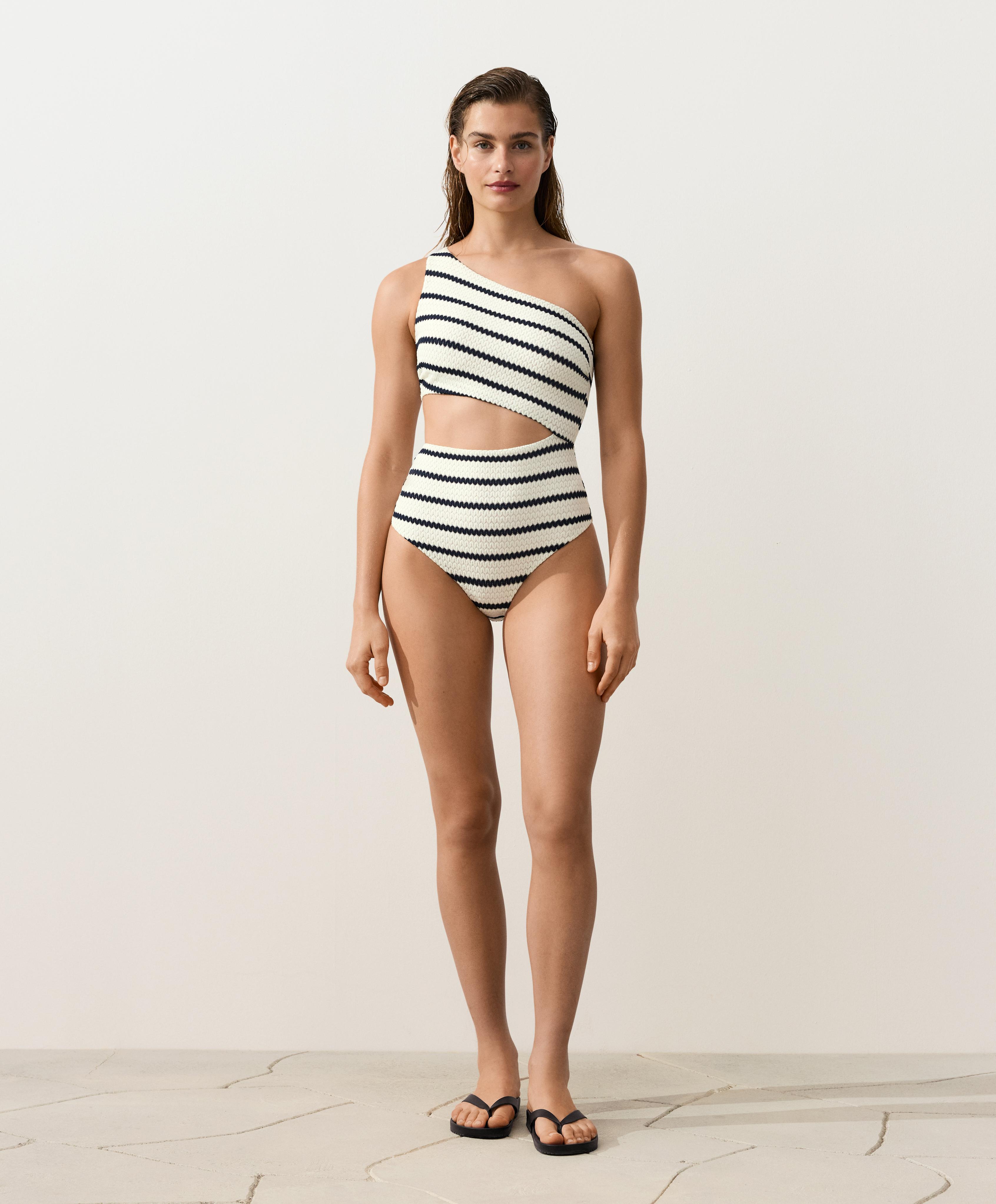 Crochet stripe asymmetric trikini — PALE ECRU