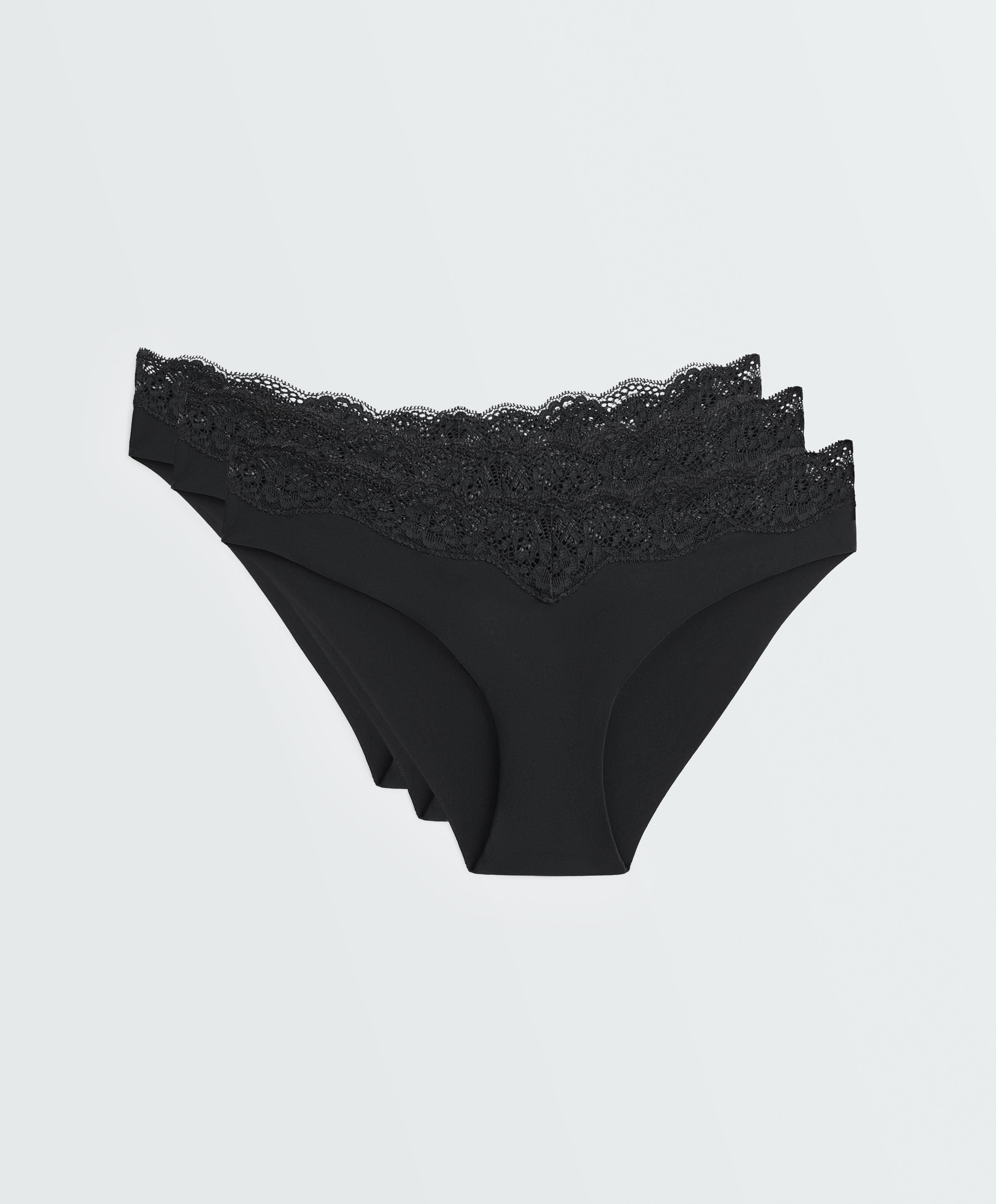 3 laser-cut polyamide blend V-cut lace bikini briefs — BLACK
