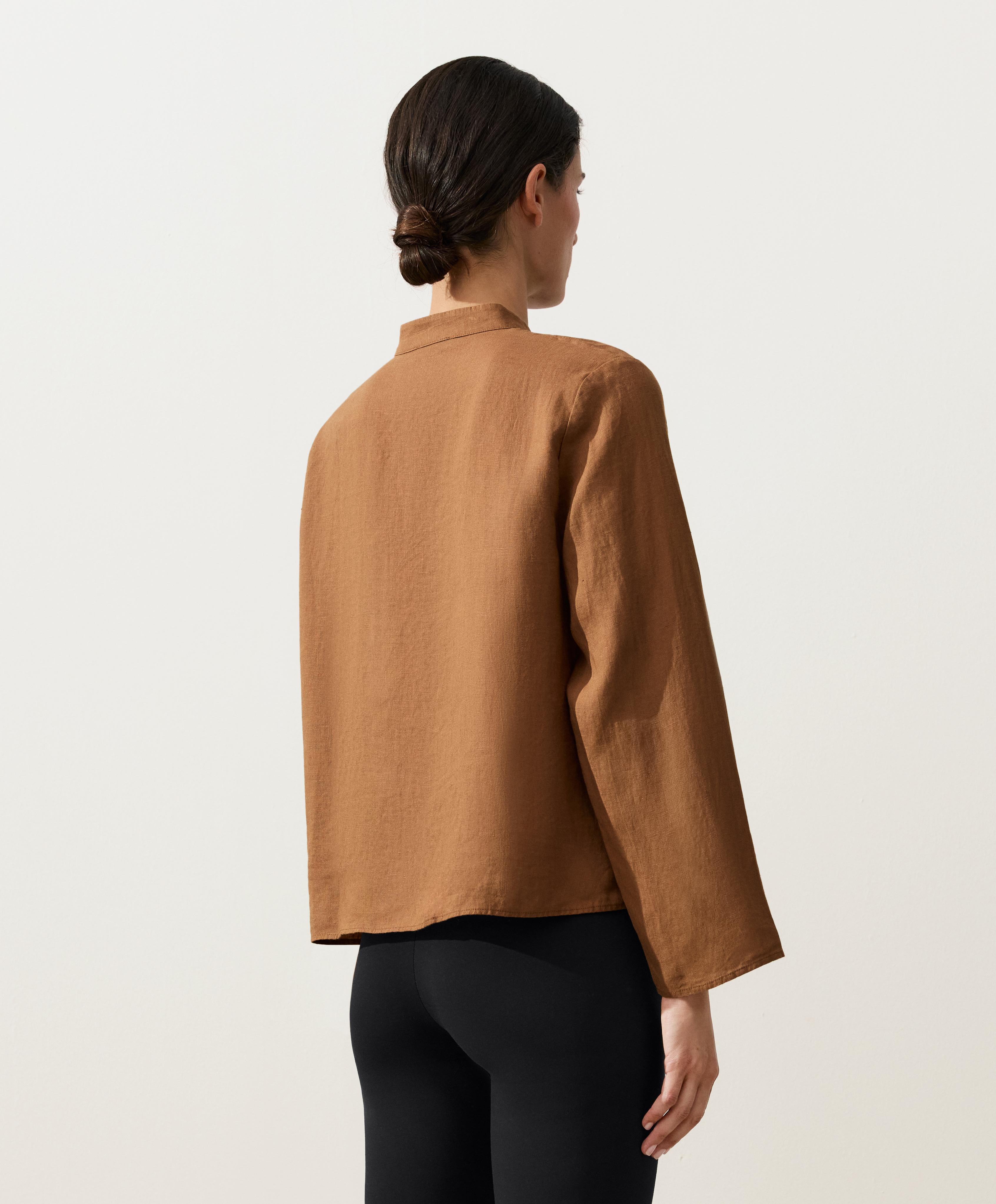 100% linen stand-up collar shirt — TOFFEE
