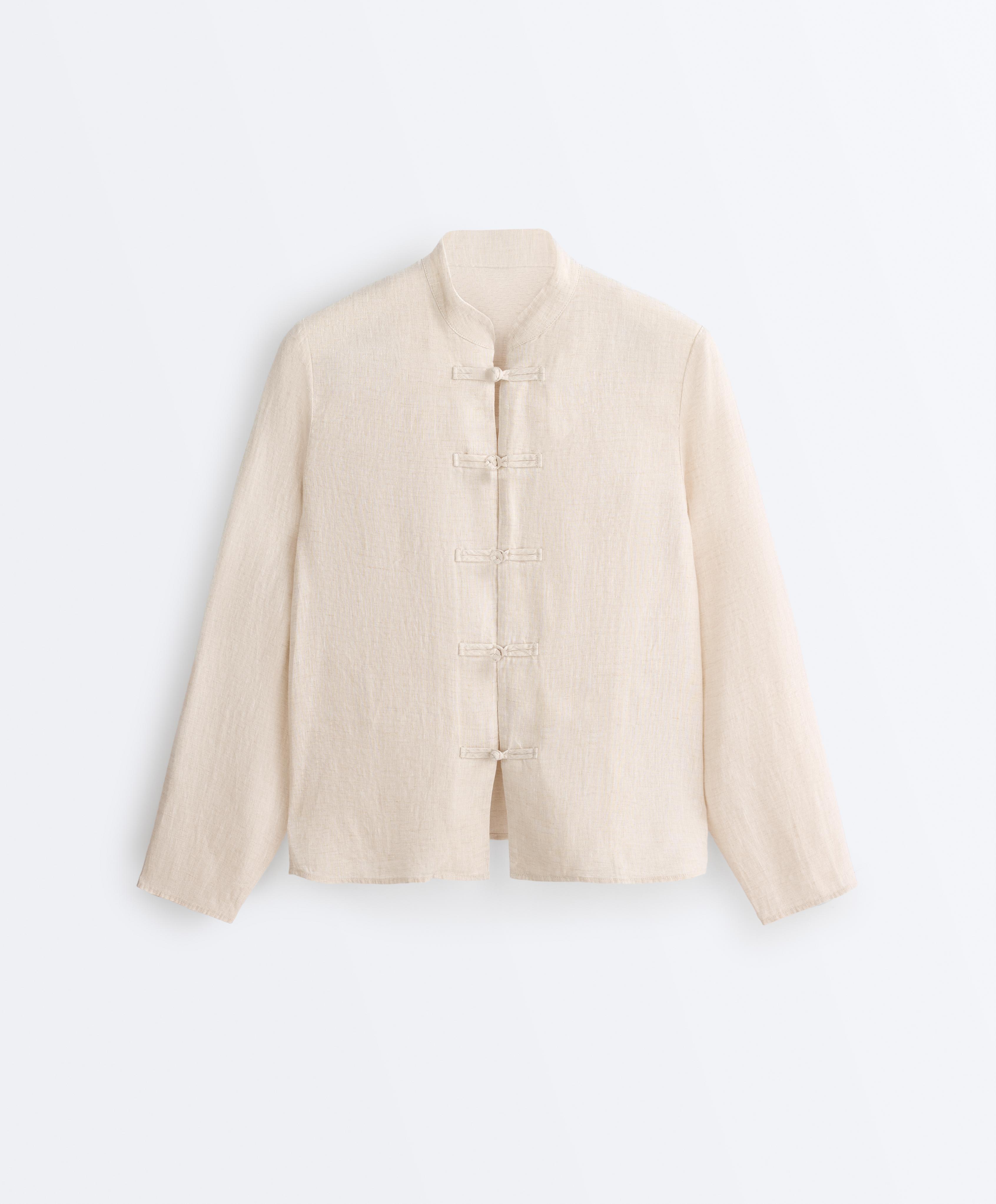 100% linen stand-up collar shirt — SAND MELANGE