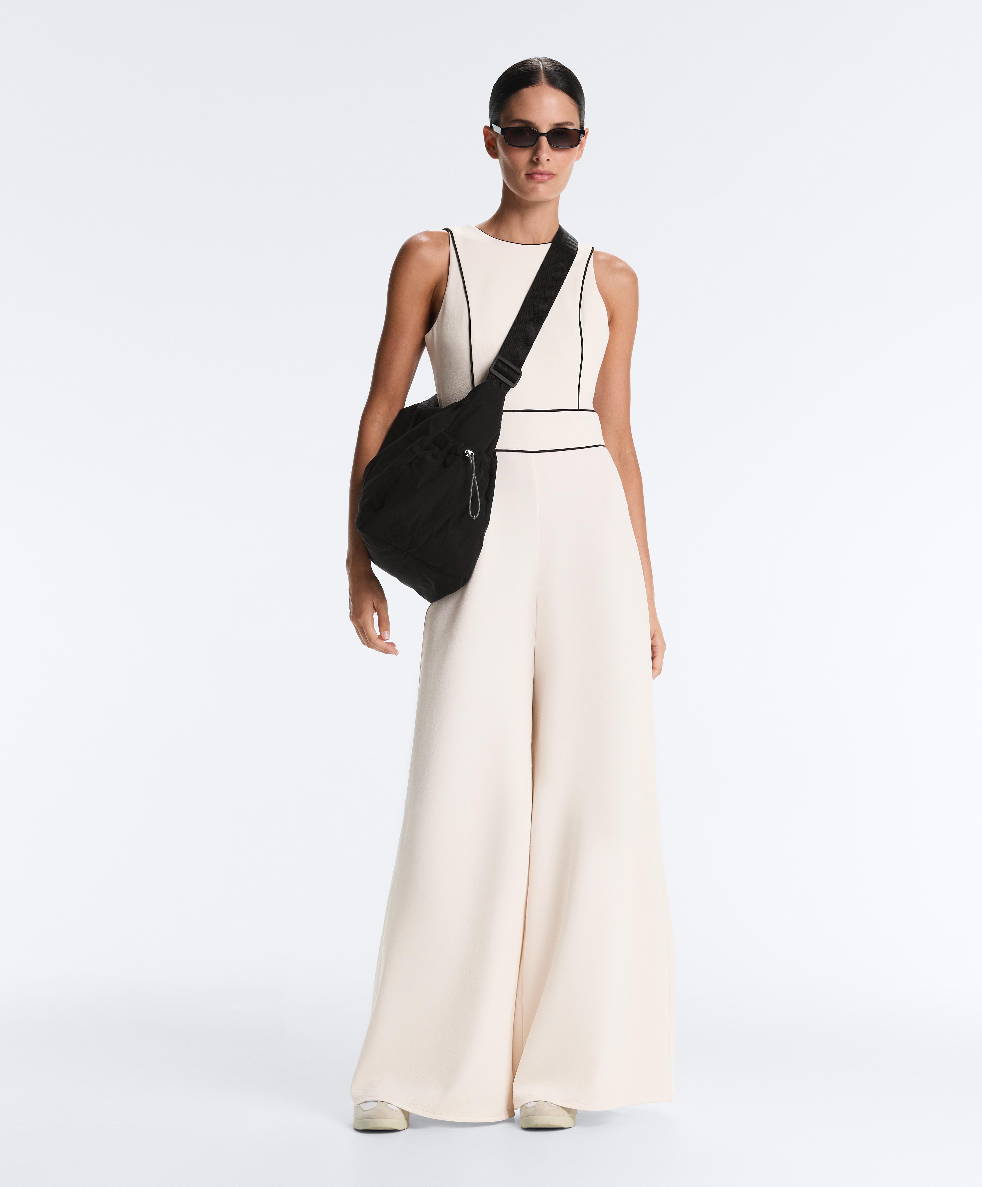 Long piping piqué jumpsuit with cotton — PALE ECRU