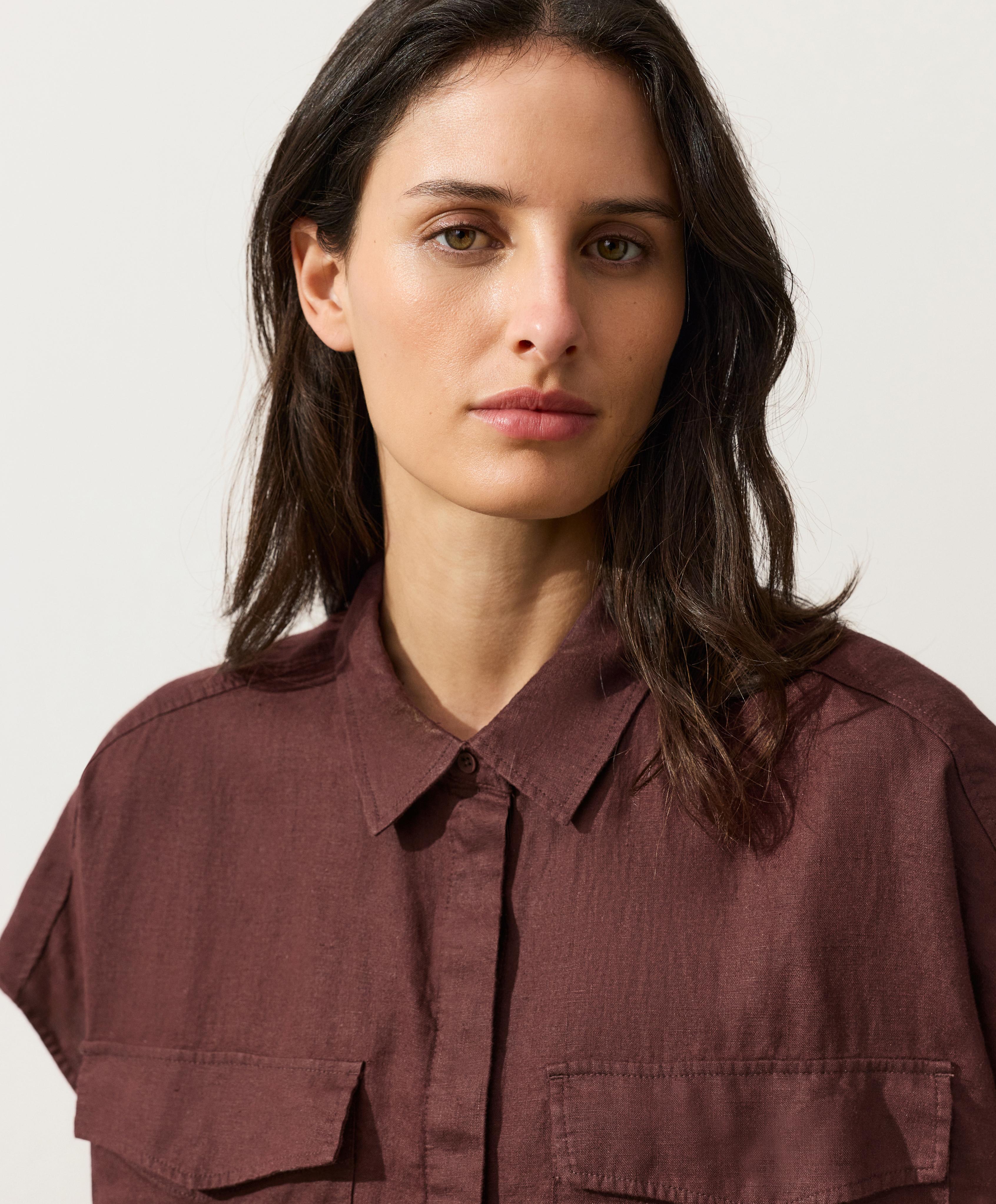 100% linen collared shirt with pockets — CHOCOLATE