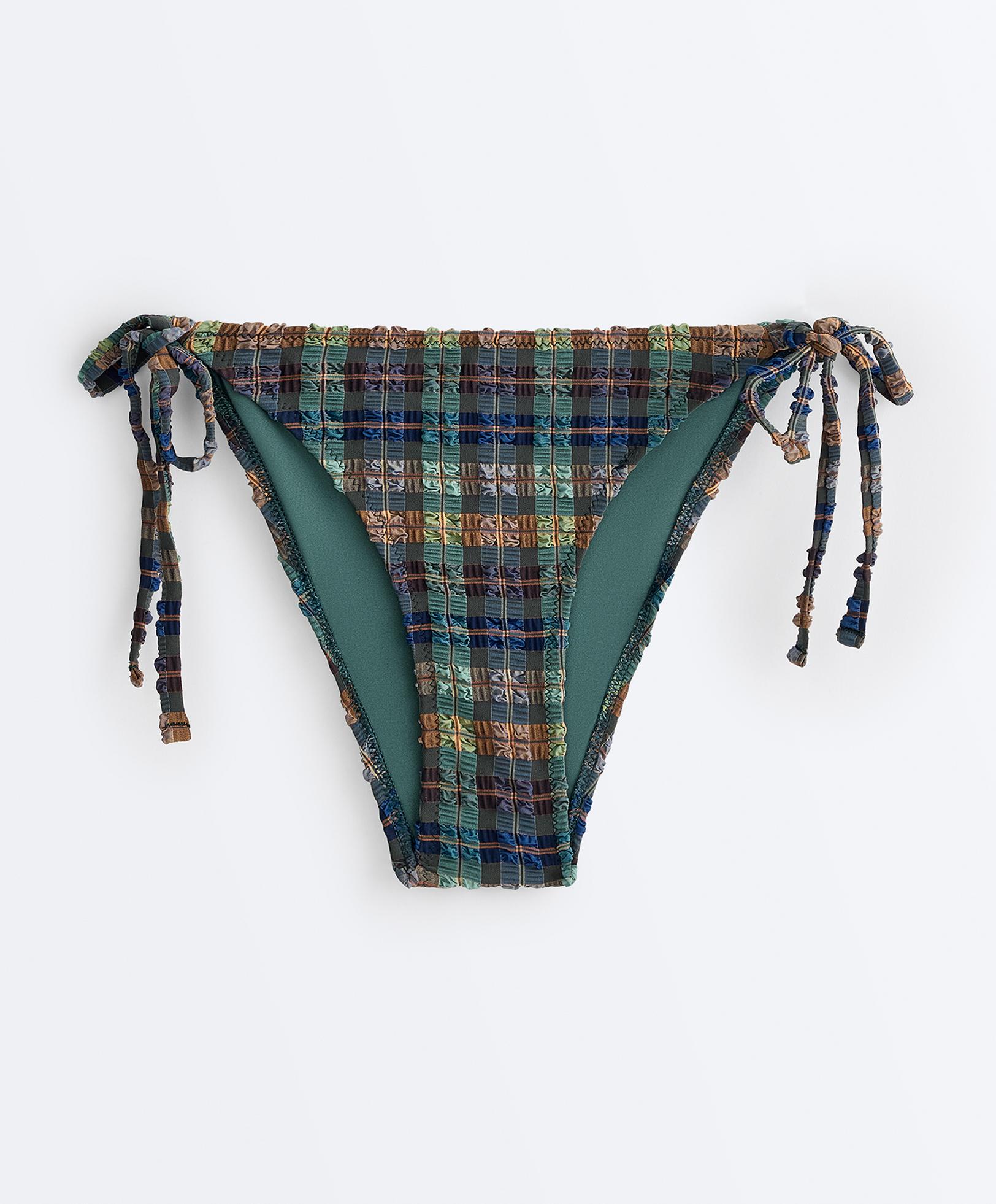 Textured check medium-coverage bikini briefs with ties — KHAKI