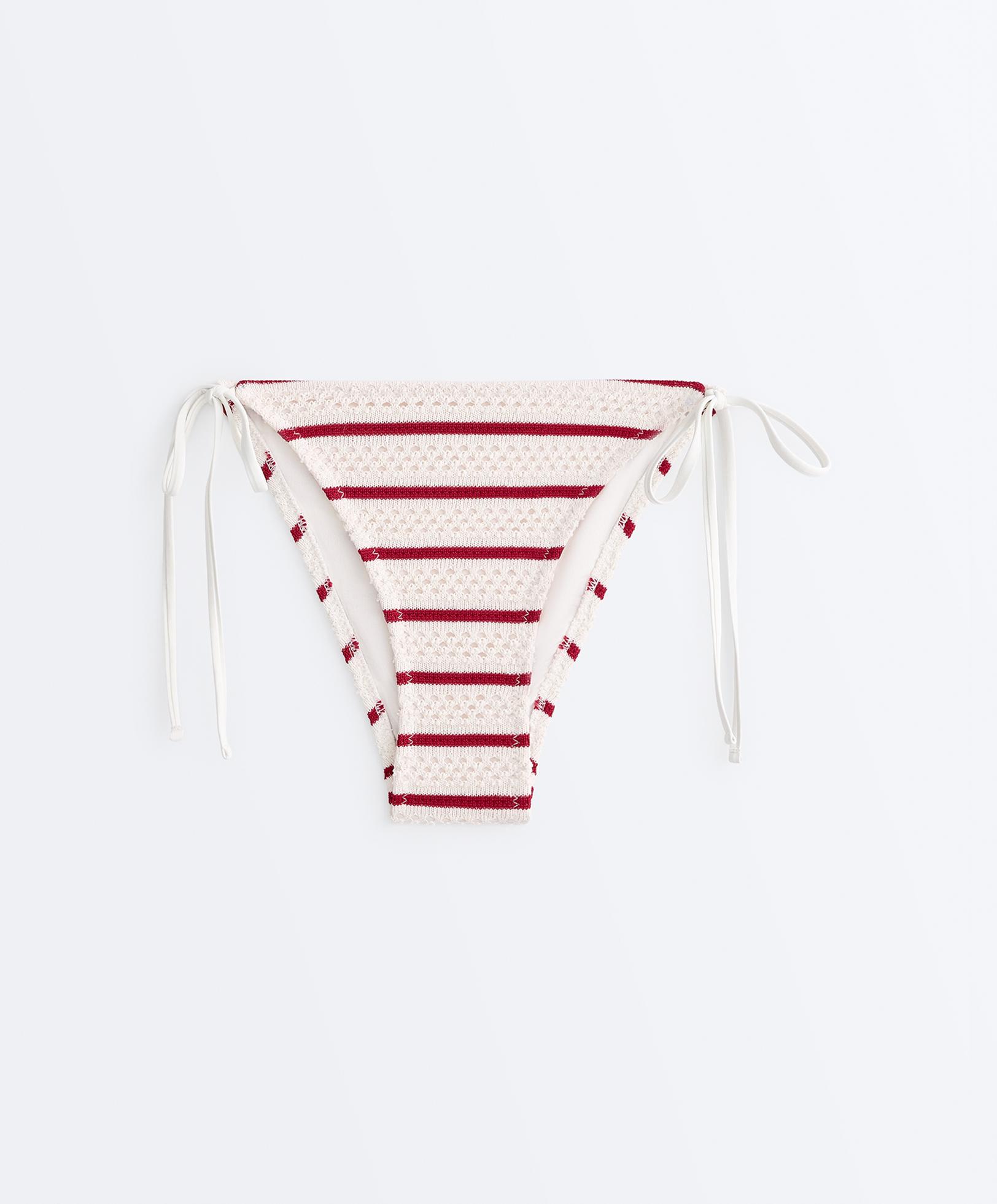 Medium-coverage striped crochet tie bikini briefs — ECRU